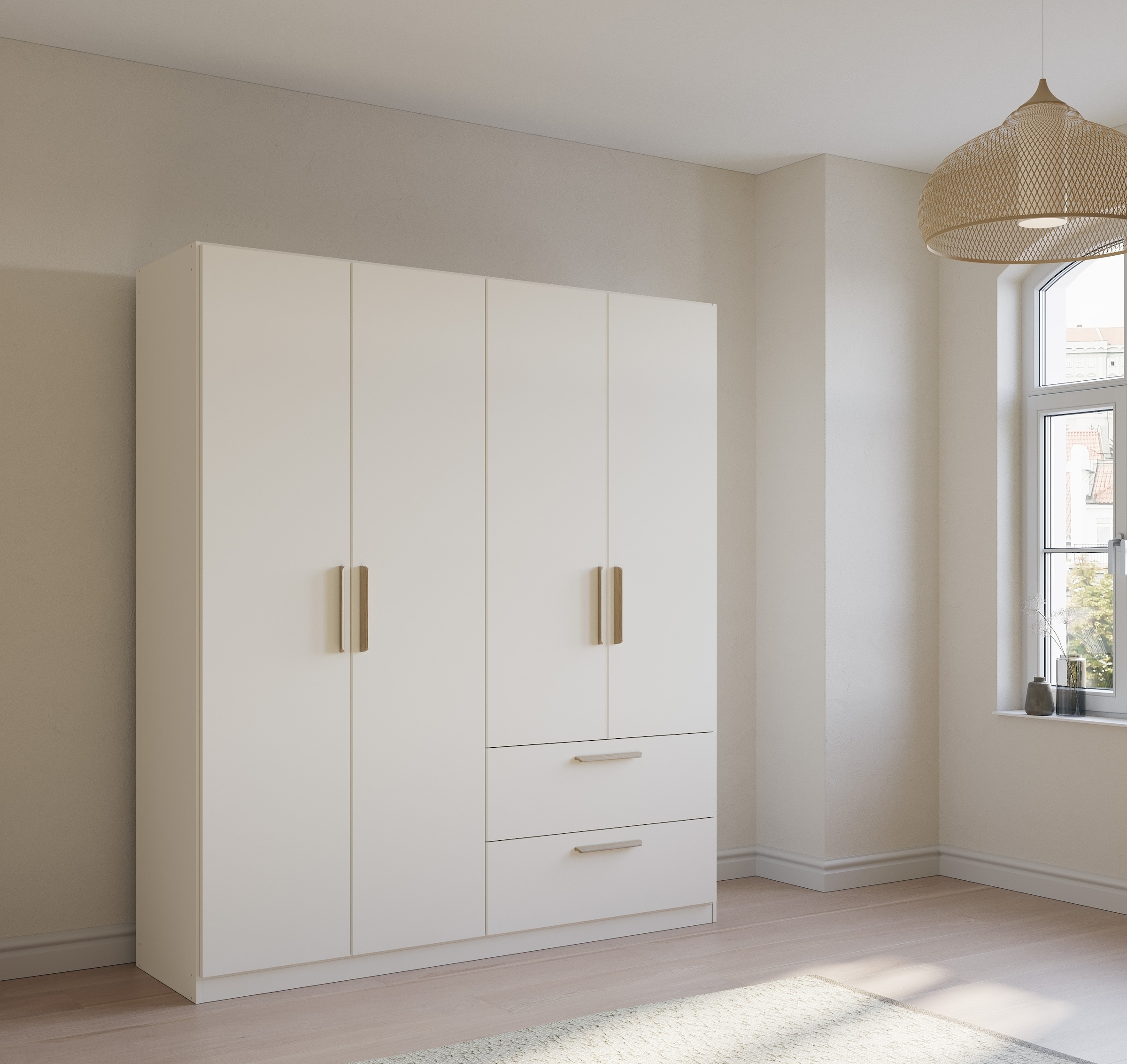 rauch Kleiderschrank »Drehtürenschrank Schrank Garderobe Ankleide SKANDI BY QUADRA SPIN« Breiten: 181/226/271 cm, Höhe 210 cm,  im Landhaus-Stil mit Massivholzgriffen aus Wildeiche, mit Schubladen