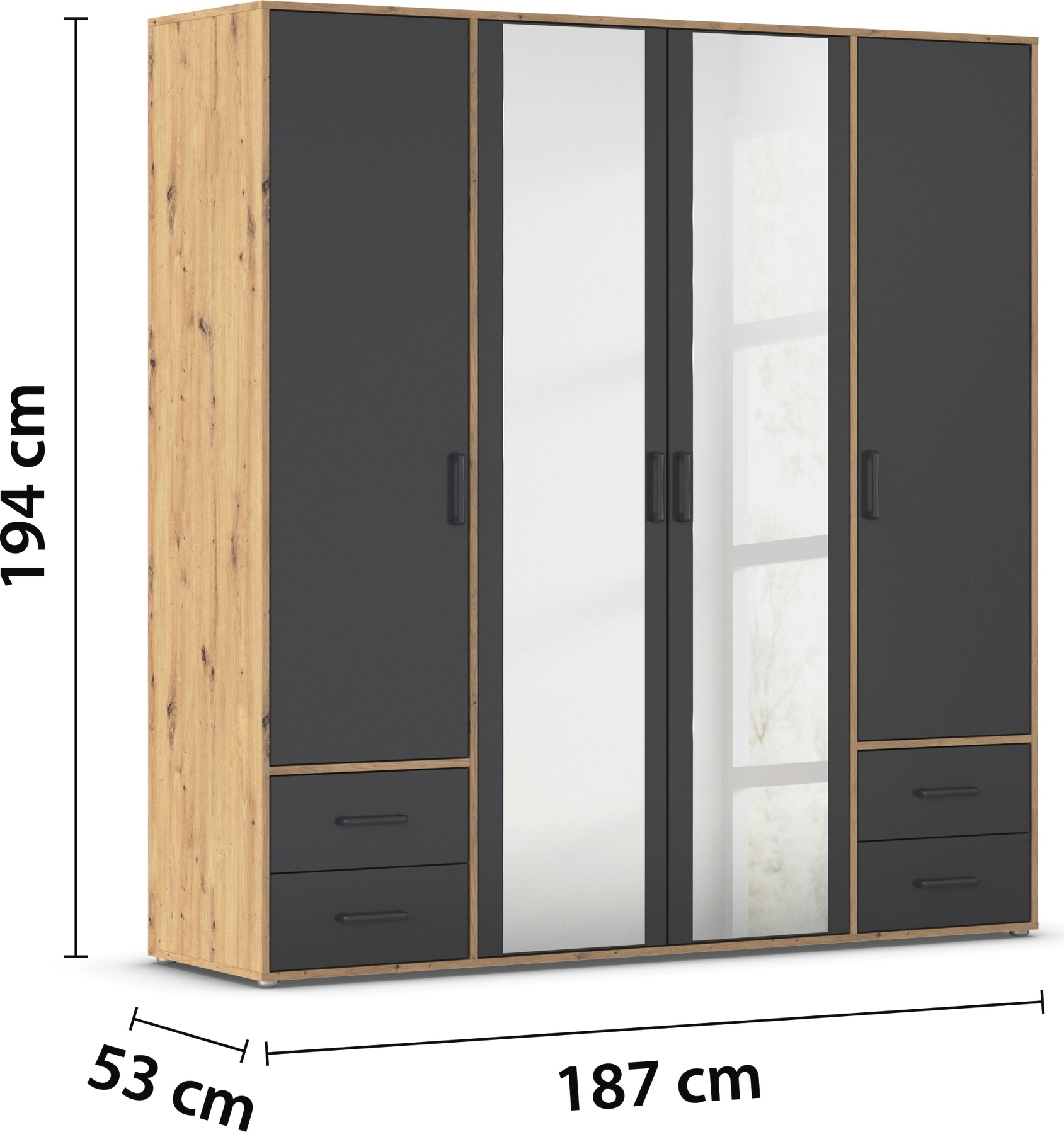 rauch Drehtürenschrank »Kleiderschrank Schrank Garderobe Wäscheschrank VOYAGER«, (in 3 verschiedenen Ausstattungen BASIC/CLASSIC/PREMIUM), mit modernen Griffen in Graumetallic, inkl. Schubkästen und Spiegel
