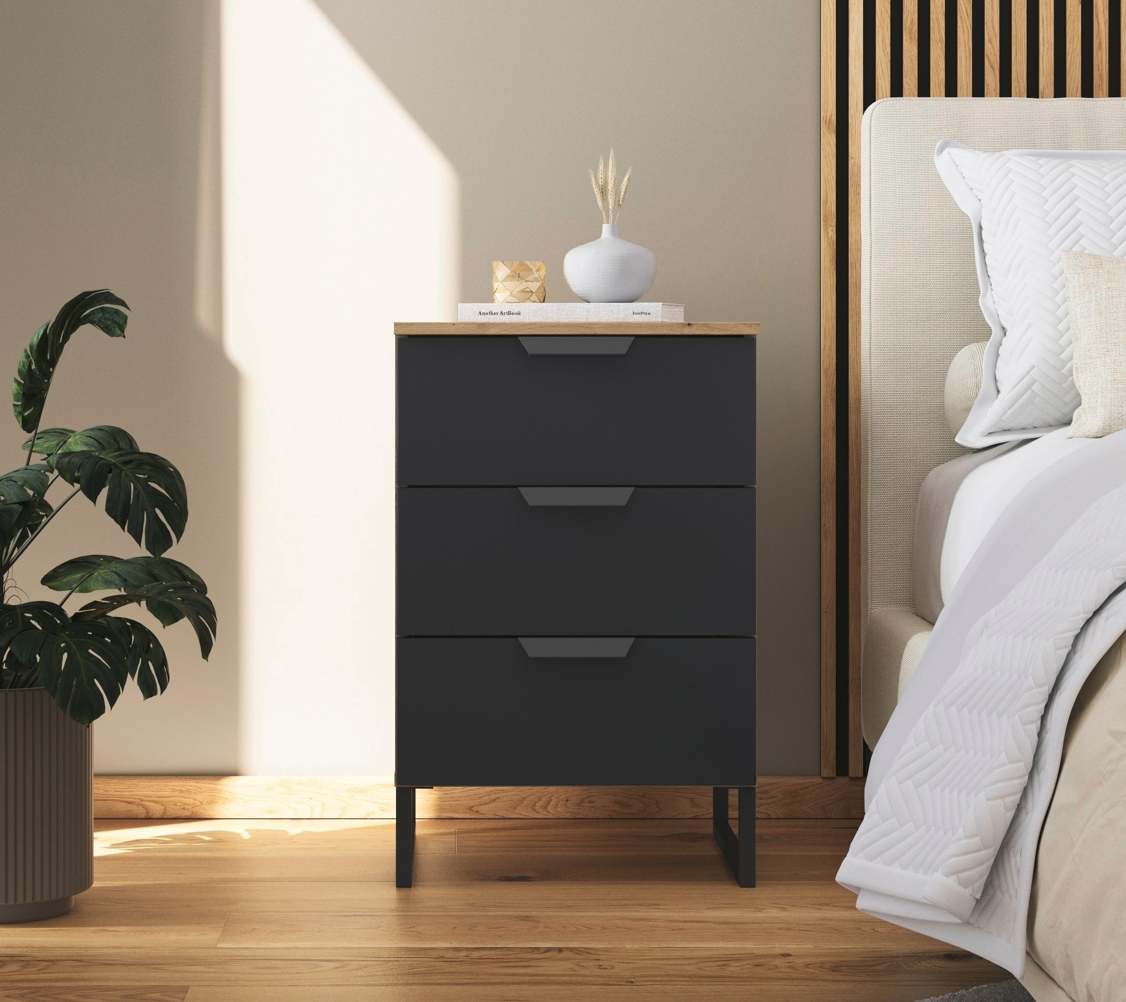 rauch Nachtkommode »Dark&Wood by Aditio«, im Industrial Style mit Kufenfuß, 3 Schubladen mit Softclose-Funktion