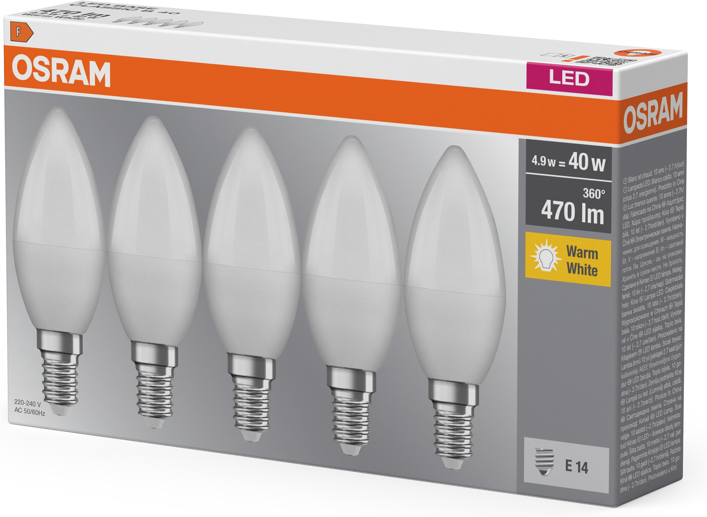 Osram LED-Leuchtmittel »LED BASE Classic B40, Filament« E14 5 Stk. Warmweiß