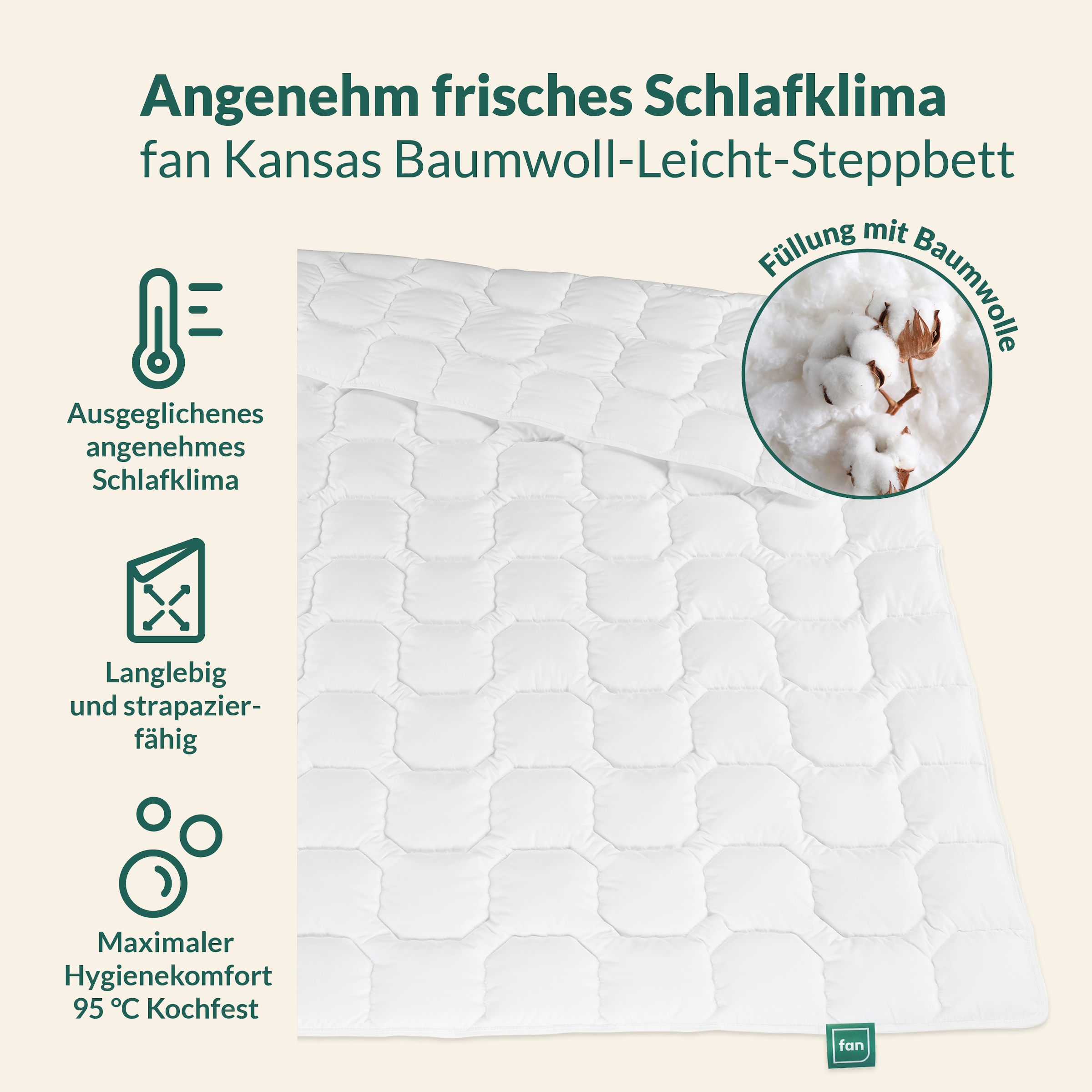 fan Baumwollbettdecke »Kansas, Bettdecken für Sommer und Winter, Decke« leicht Füllung 100% Baumwolle 1 Stk. tlg. Bettdecke 135x200 cm, 155x220 cm und weiteren Größen, Made in Germany