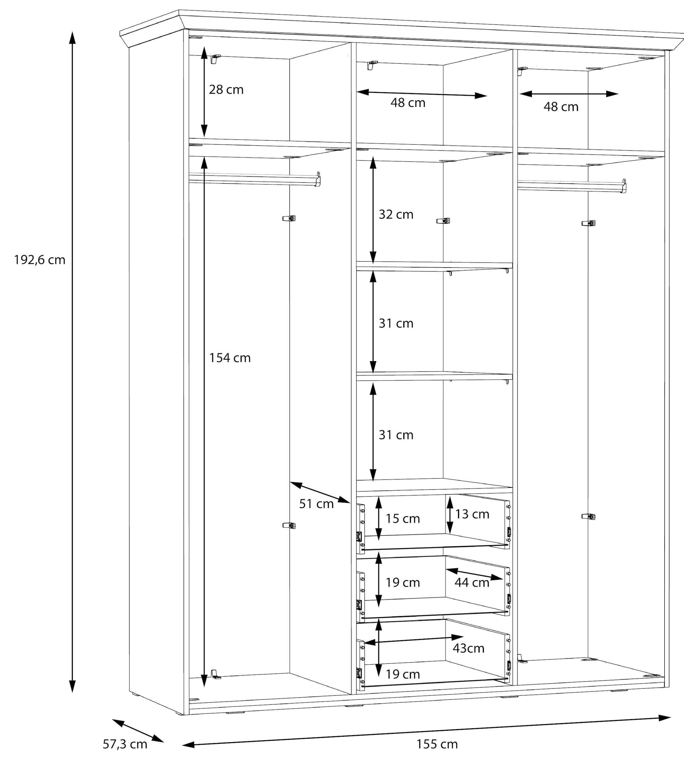 FORTE Kleiderschrank »Iloppa«, (Maße: B/H/T ca. 155x192,6x57,3 cm), im Landhausstil