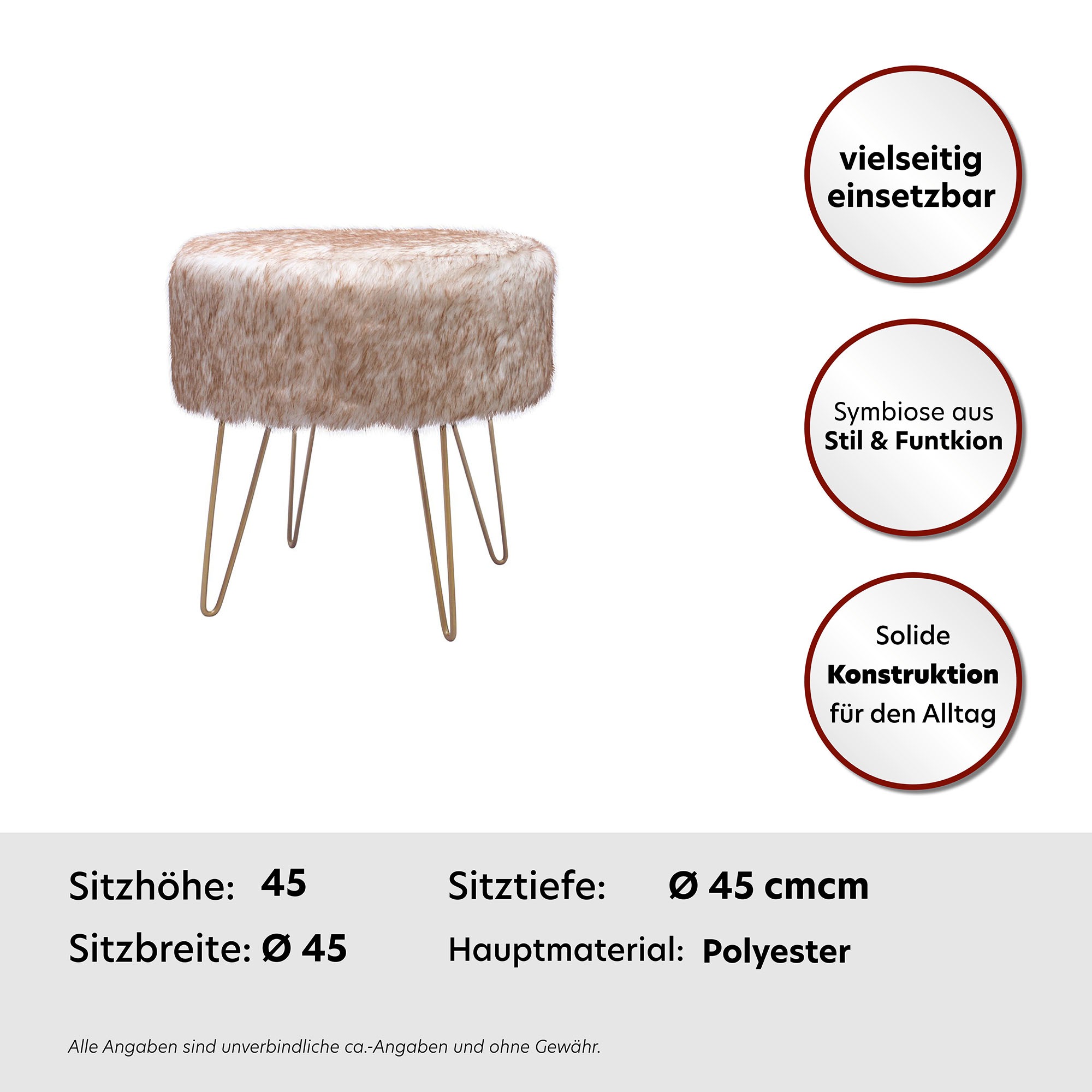 Kayoom Hocker »Mio 1, Fellhocker in modernem Design, runde Form mit Metallbeinen«, (1 St.), beeindruckend, teilweise handgefertigt, attraktive Farbgestaltung