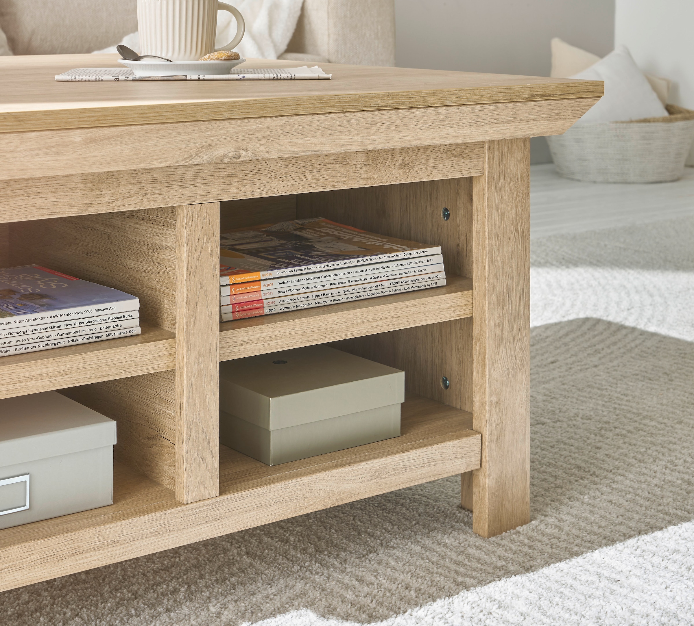 Home affaire Couchtisch »Cornwall, Beistelltisch im Landhausstil, Sofatisch, Eiche Dekor«, (1 St.), 93 cm breit, Klappenfach und offenen Fächern