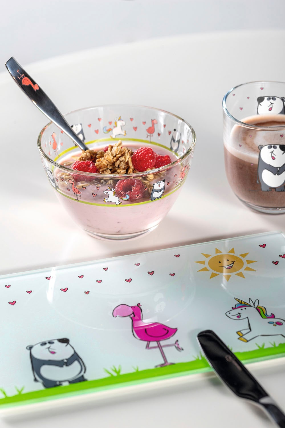 LEONARDO Schneidebrett »BAMBINI«, (Set, 4 St.), Glas, Flamingo/Einhorn/Panda