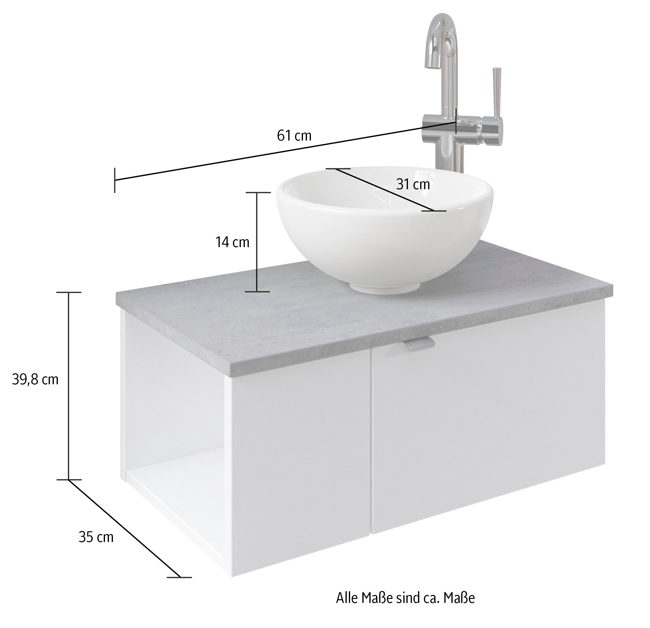Saphir Waschtisch »Serie 6915 Waschschale mit Unterschrank für Gästebad, Gäste WC«, 61 cm breit, 2 Türen, offenes Fach, kleine Bäder, ohne Armatur