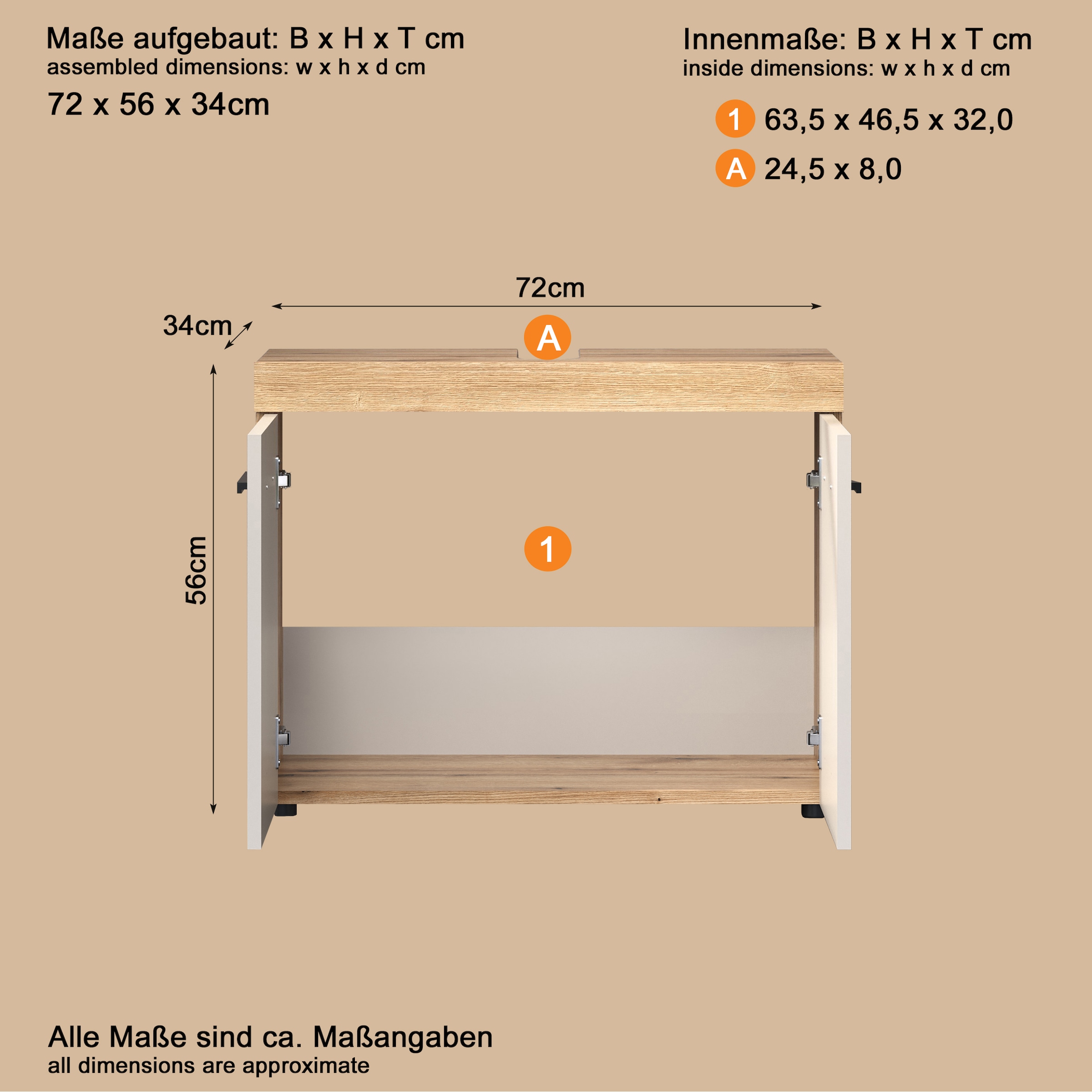 welltime Waschbeckenunterschrank »Isera« 1 Stk. tlg. Waschbeckenschrank mit 2 Türen – (B/T/H) 72/34/56 cm