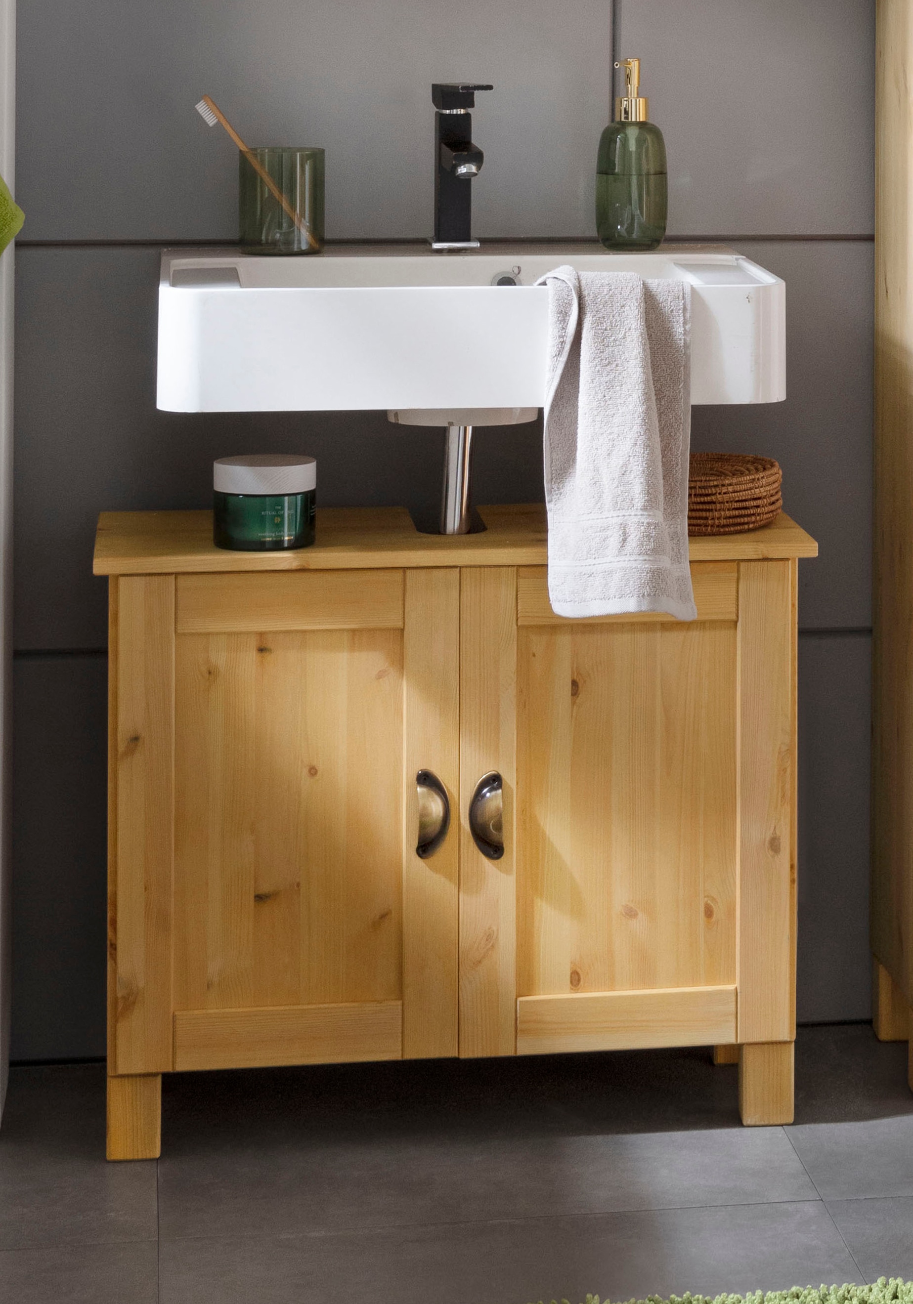Home affaire Waschbeckenunterschrank »Oslo«, in massiver Kiefer, mit 2 Türen, Breite 70 cm, Höhe 55 cm