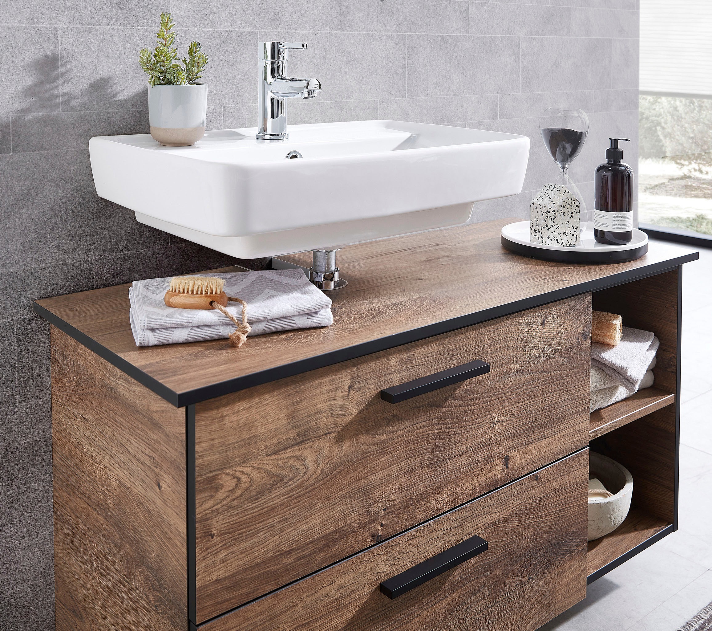 Saphir Unterschrank »Quickset 374 Badschrank mit 2 offenen Fächern, Unterschrankregal« Badezimmer-Regal, Eiche Ribbeck quer Nachbildung, 30 cm breit