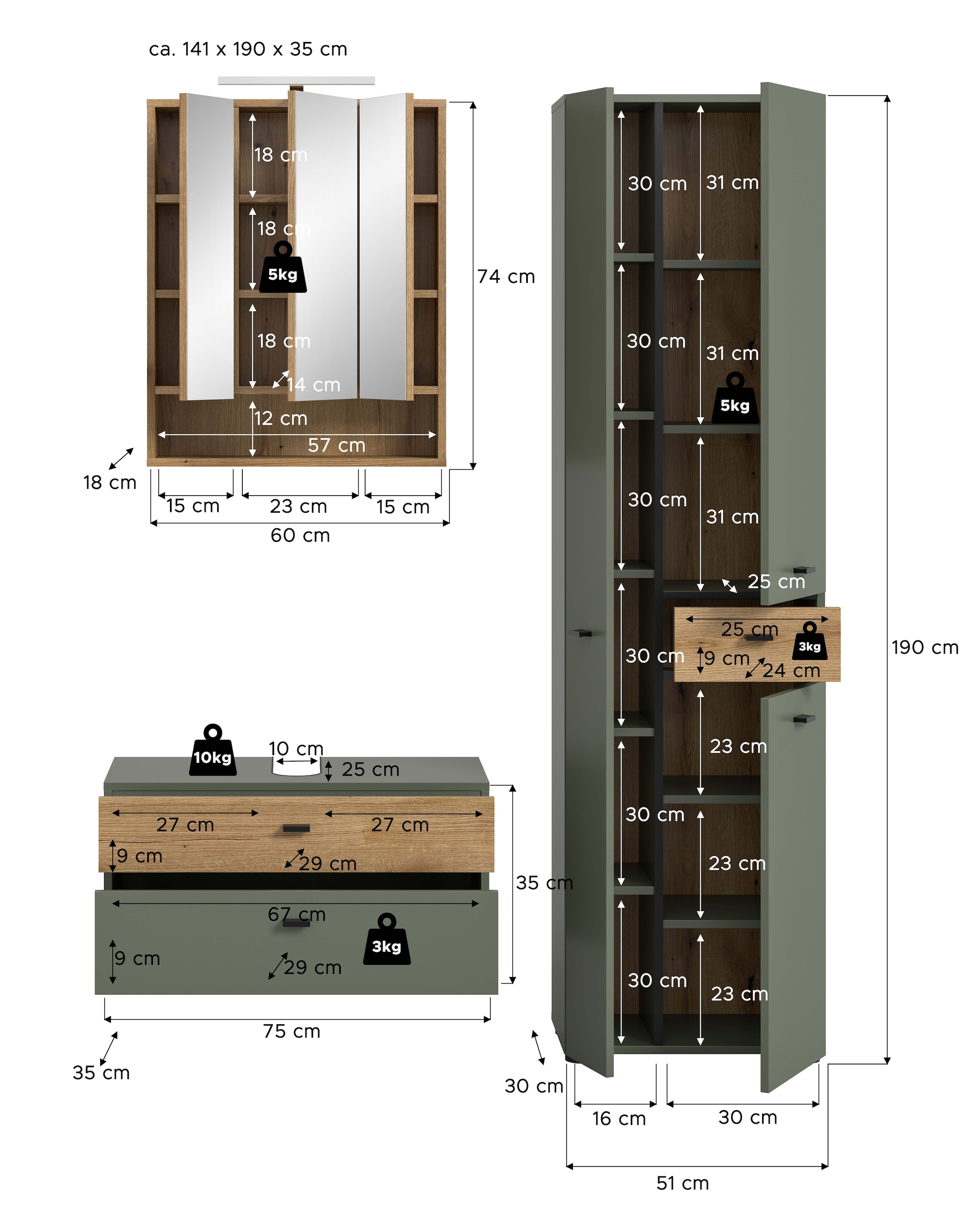 welltime Badmöbel-Set »VANN, 3-teilige moderne Badkombination, inkl. Beleuchtung« Waschbeckenunterschrank, Spiegelschrank inkl. Beleuchtung, Hochschrank, 3 Stk. tlg.