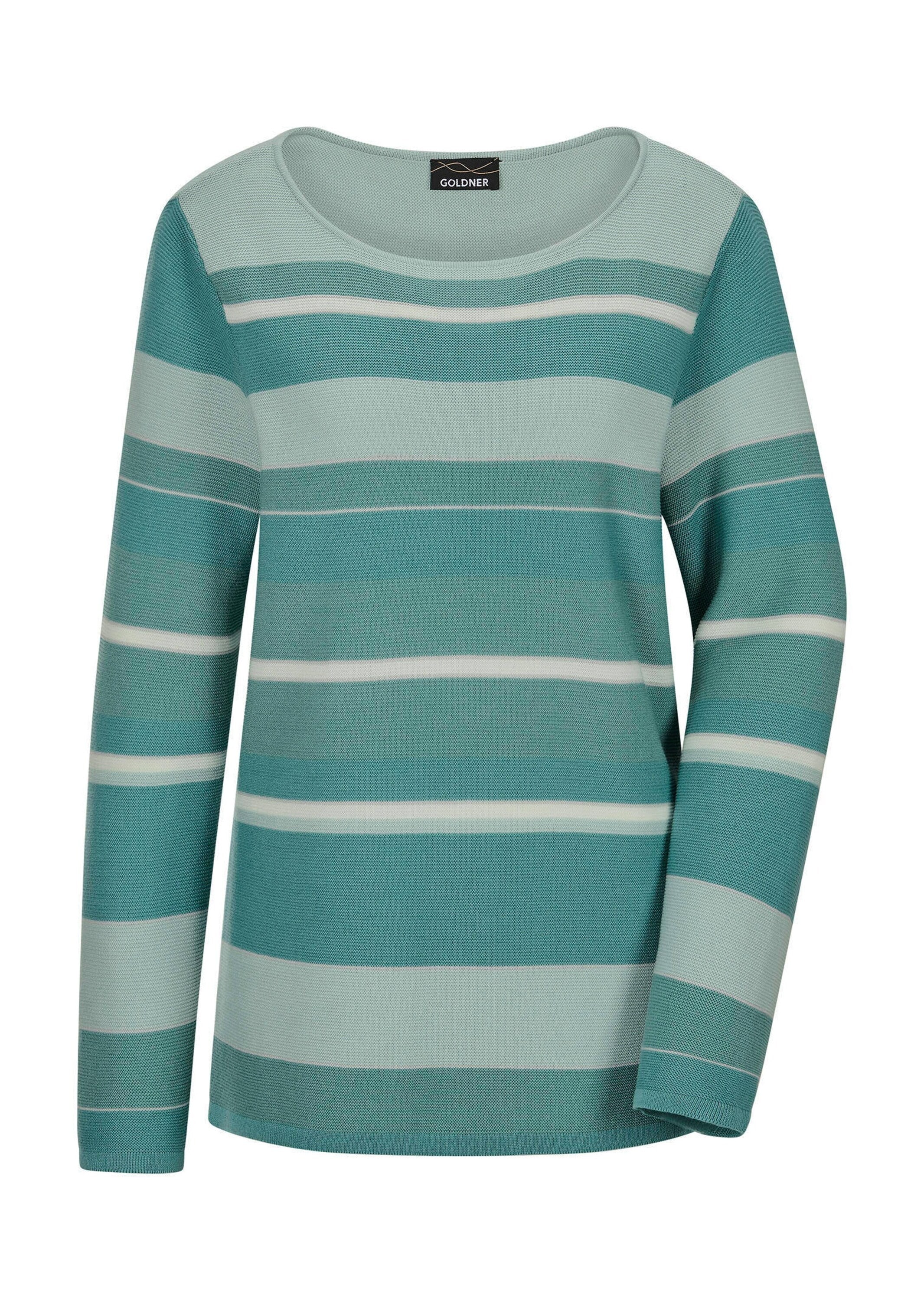 GOLDNER Rundhalspullover »Kurzgröße Strickpullover im Ringel-Look« farbharmonischer Ringelablauf