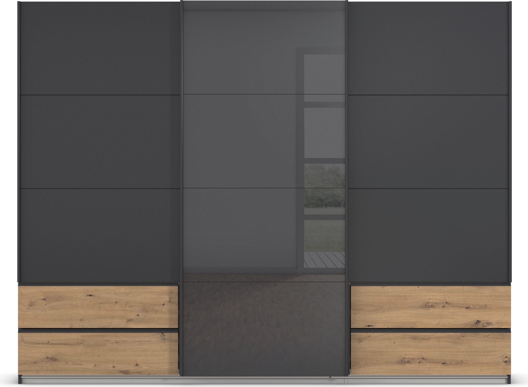 rauch Schwebetürenschrank »Kleiderschrank Schrank Garderobe ELARA Glastür/Grauspiegel«, praktische Schubladen optional farblich abgesetzt MADE IN GERMANY