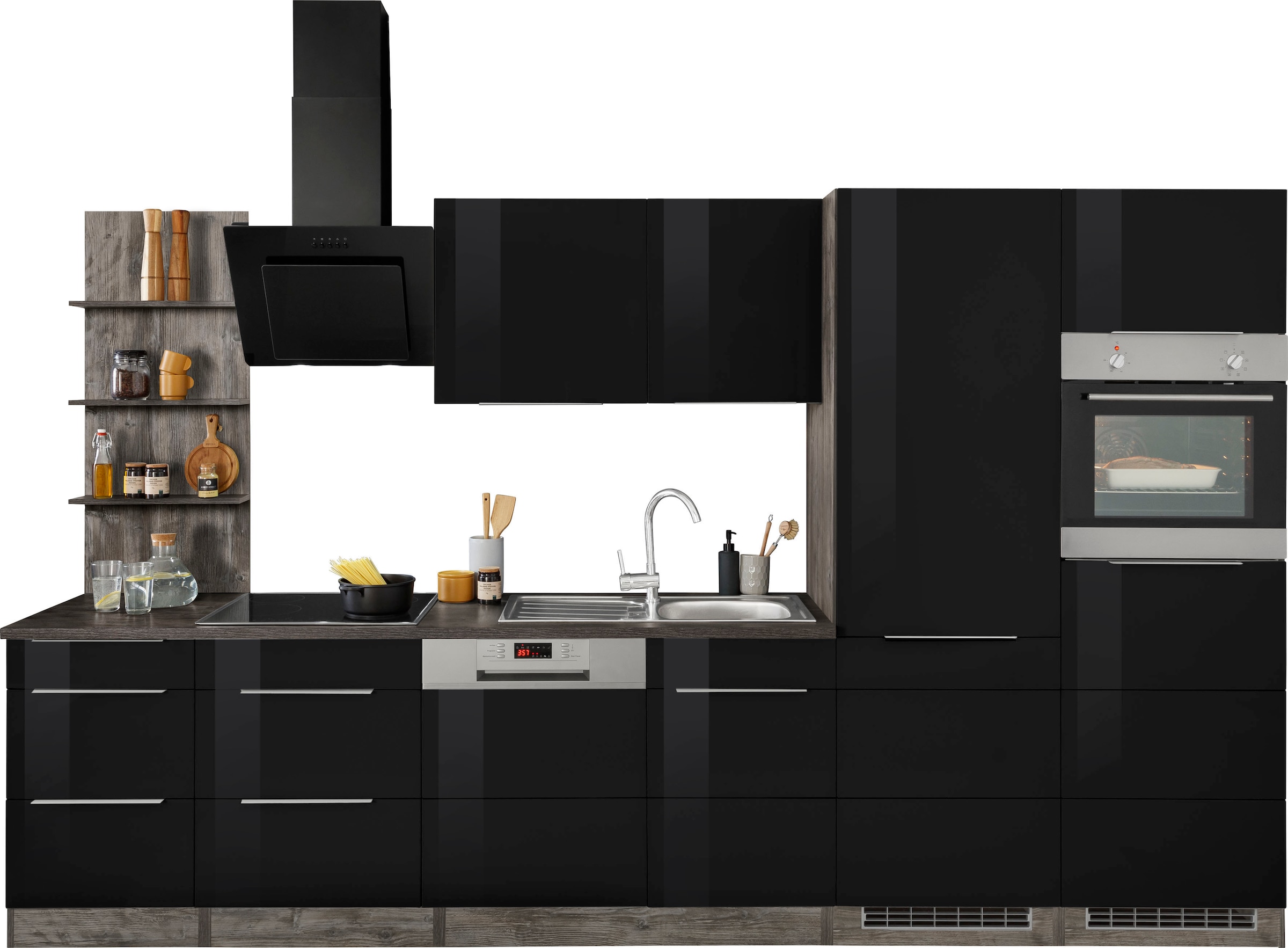 KOCHSTATION Küchenzeile "KS-Brindisi Breite 340 cm" wahlweise mit E-Geräten und Induktion, mit MDF-Fronten und Regal