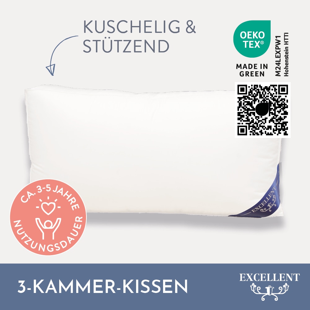 Excellent 3-Kammer-Kopfkissen »Florenz, Daunenstützkissen mit 10 cm Außensteg«, Füllung: 100% Daunen (Außenkammern), 100% Federn (Kern), Bezug: 100% Baumwolle, (1 St.), Kissen hergestellt in Deutschland, allergikerfreundlich