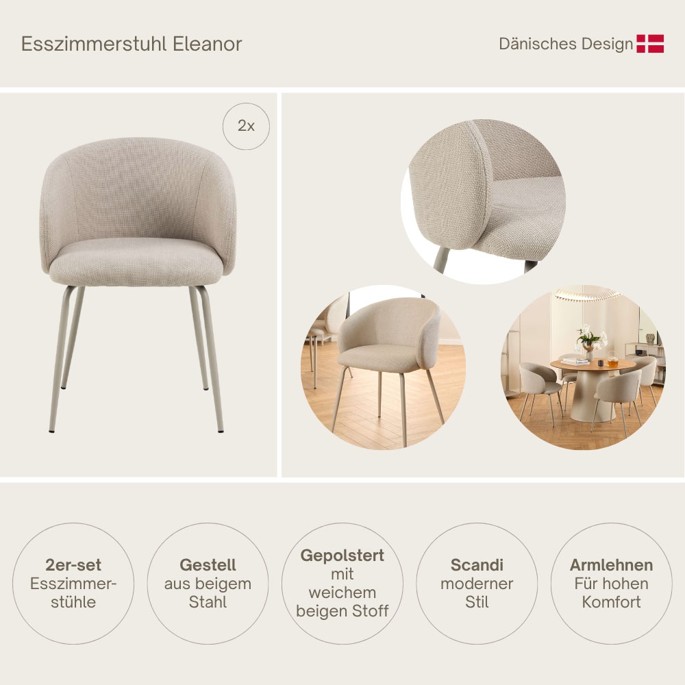 ACTONA GROUP Esszimmerstuhl »Eleanor Esszimmerstuhl mit Armlehnen, 2 Stück, weicher Stoff« (Set) Stahlgestell, organisch,  zeitloses skandinavisches Design
