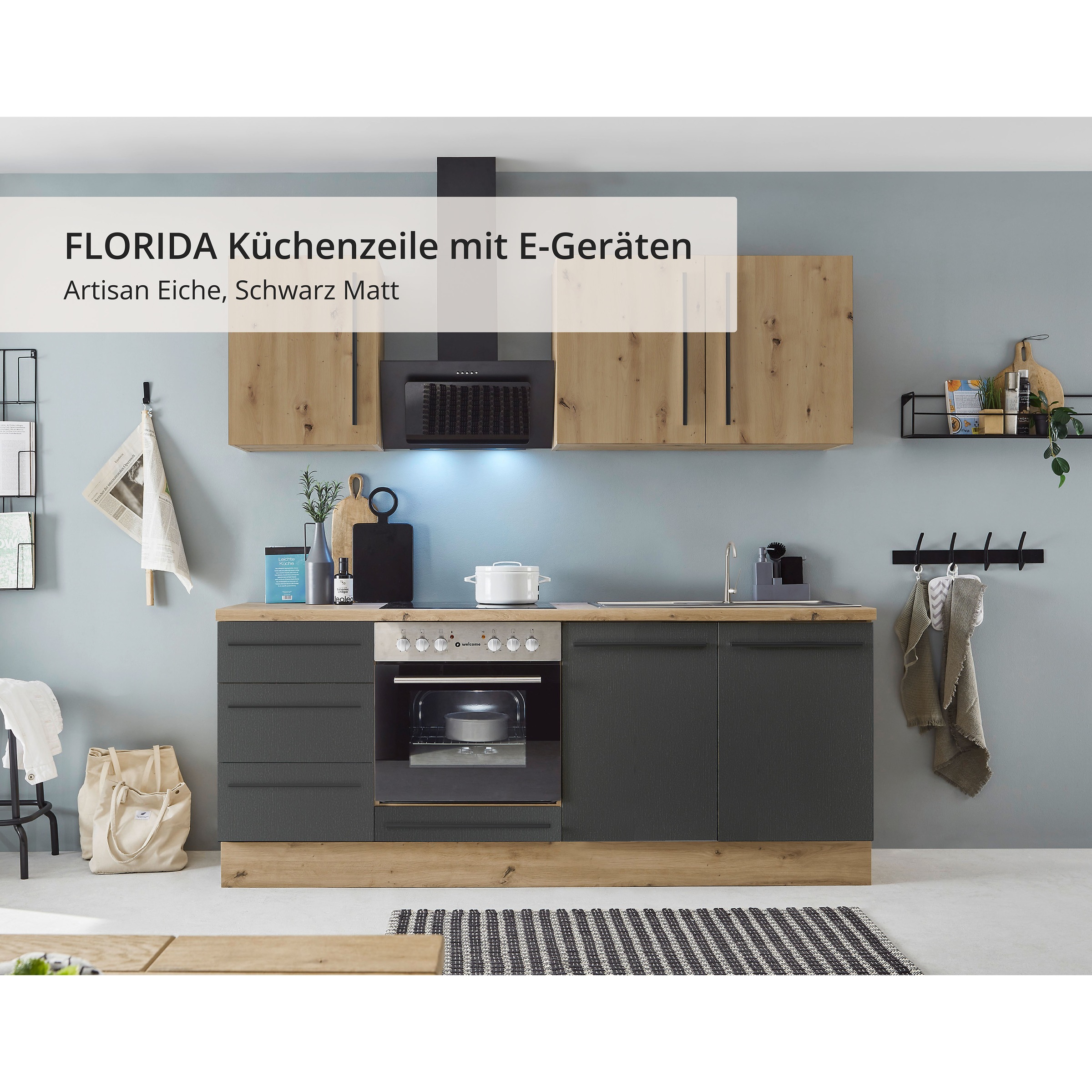 KOCHSTATION Küchenzeile »KS-Florida mit 38mm starker Arbeitsplatte«, Breite 210 cm, wahlweise mit E-Geräten, Soft-Close-Funktion