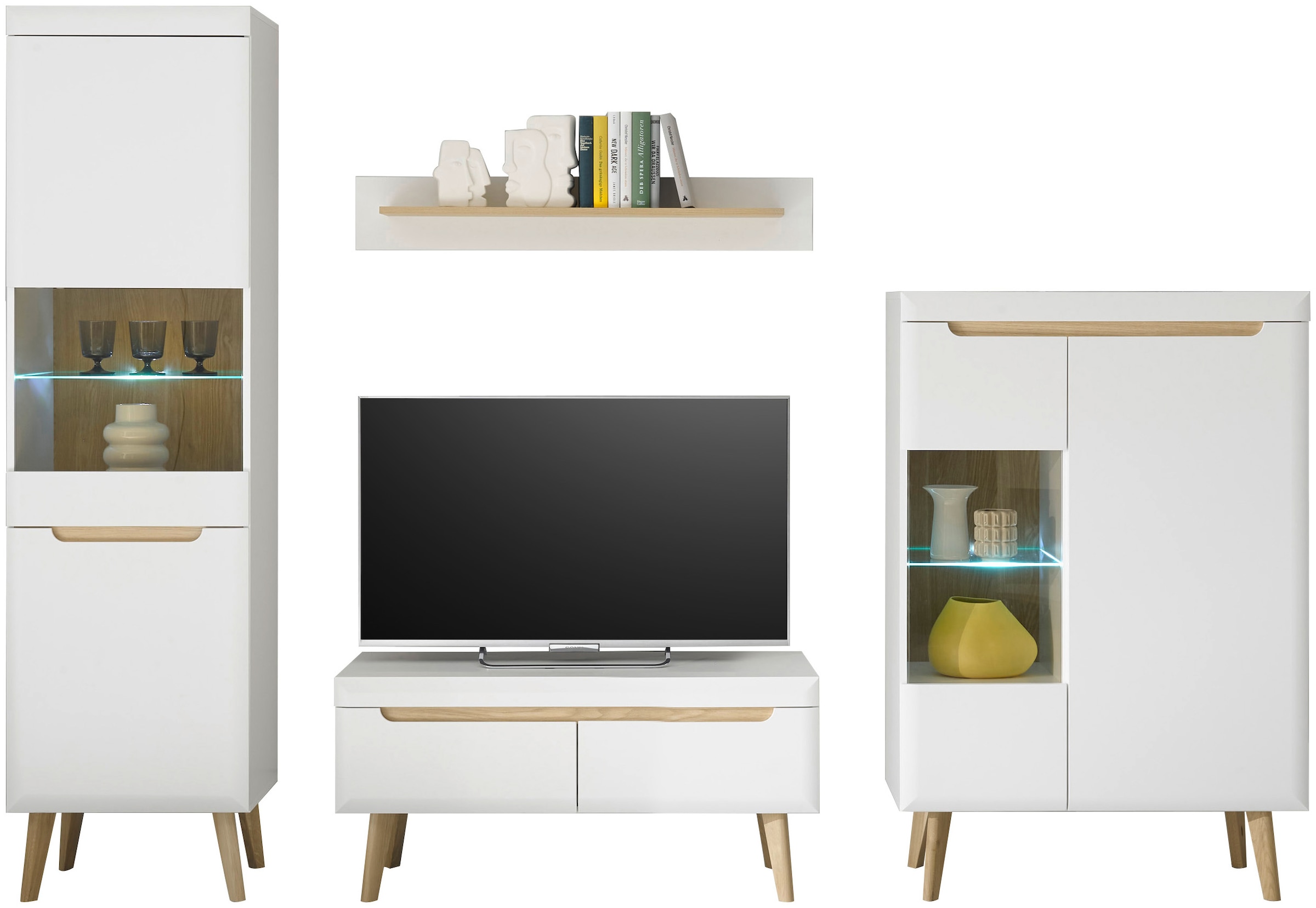 INOSIGN Wohnwand »Torge, Anbauwand, Schrankwand, Mediawand, Wohnzimmer-Set«, (Set, 4 St.), enthält 2 Vitrinen, 1 Lowboard + 1 Wandboard, 290 cm breit