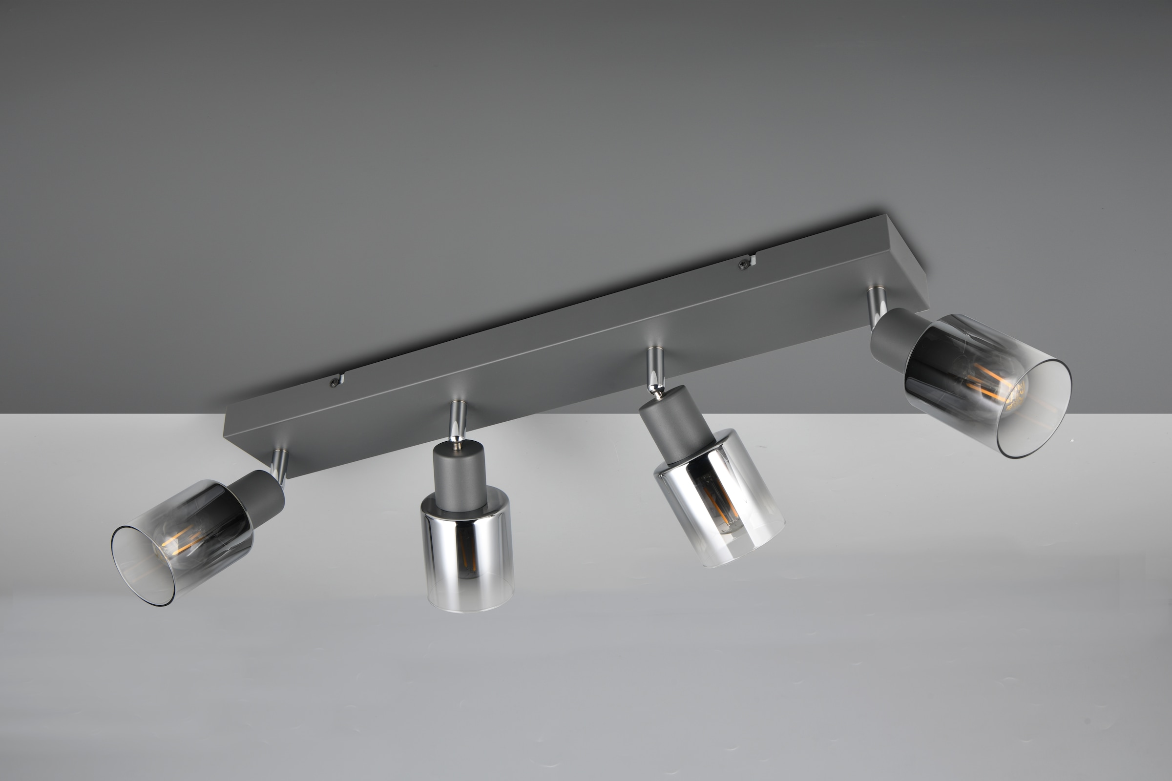 REALITY Leuchten Deckenstrahler »CADIZ, Spot 4-flammig, exkl 4xE14 max 10W, Glas anthrazit, verspiegelt« E14 1 Stk. warmweiß - kaltweiß verstellbarer Deckenspot E14 Fassung, mit Glasschirm smoke Farbverlauf