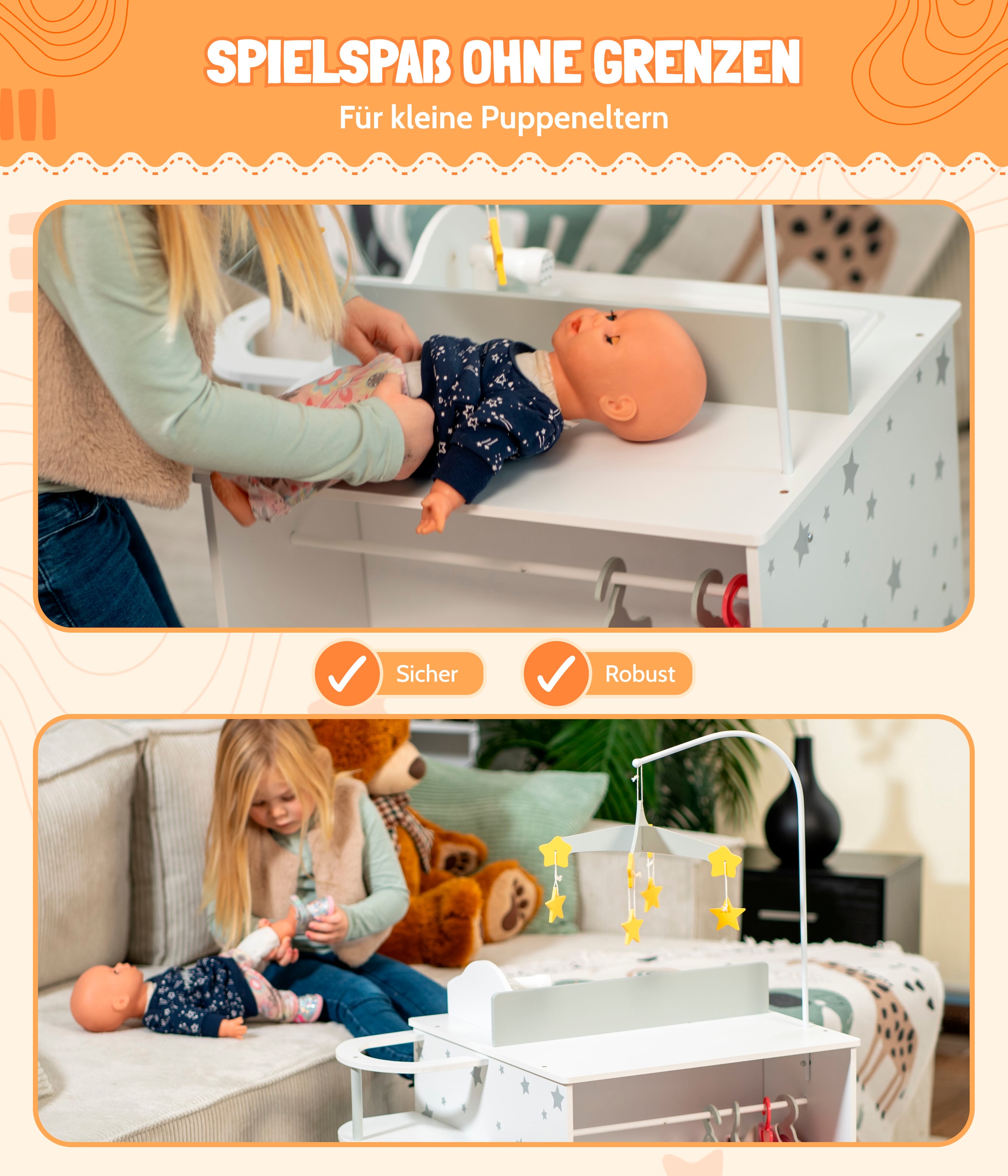 CHIC2000 Puppenwickeltisch »Puppen-Wickelstation Stars grey«, mit Mobile