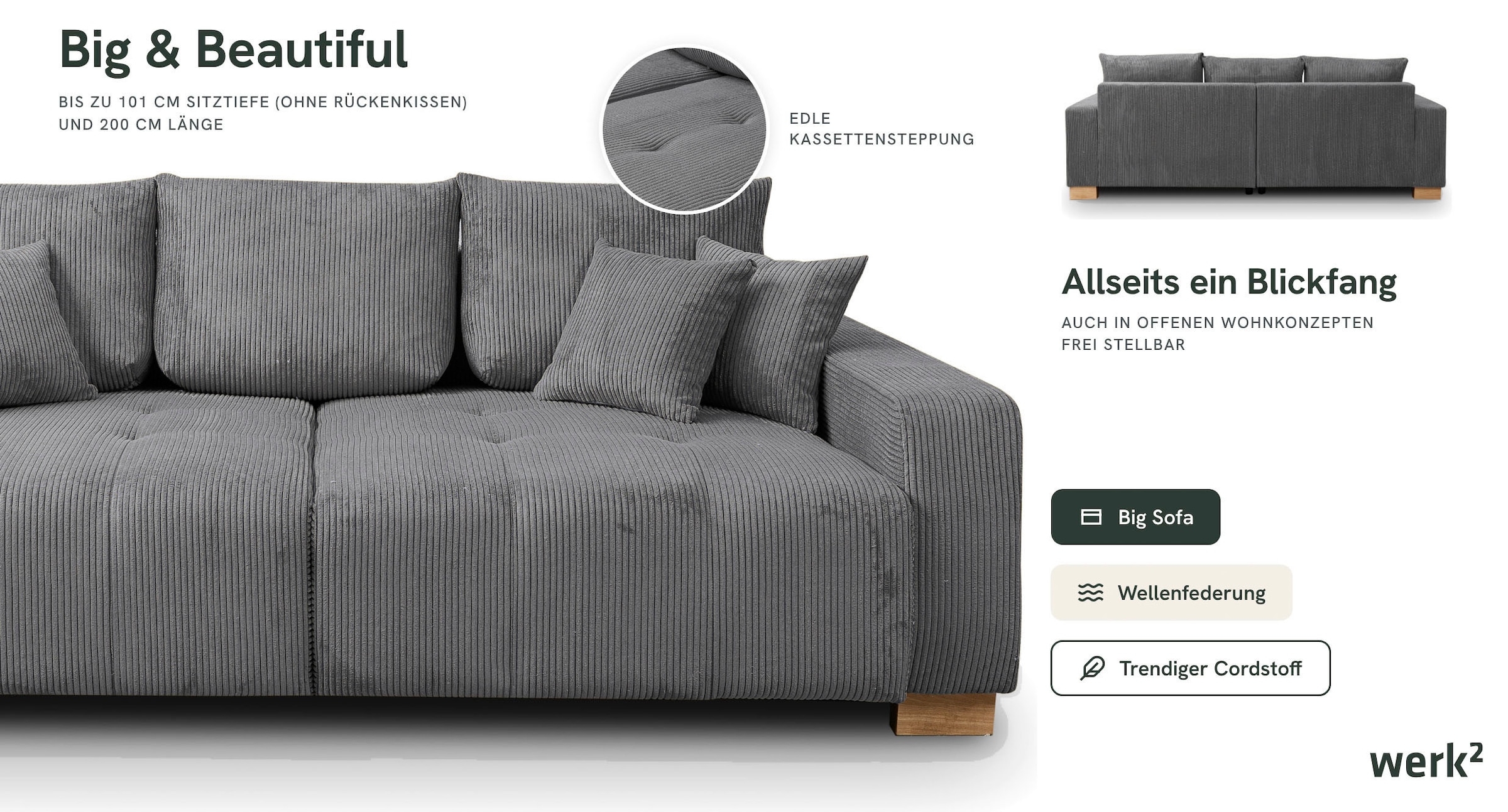WERK2 Big-Sofa »Rimini Cord XXL Couch mit großer Sitztiefe, 240 cm breit, 4-Sitzer« Megasofa mit 4 Sitzplätzen, losen Rückenkissen & Zierkissen