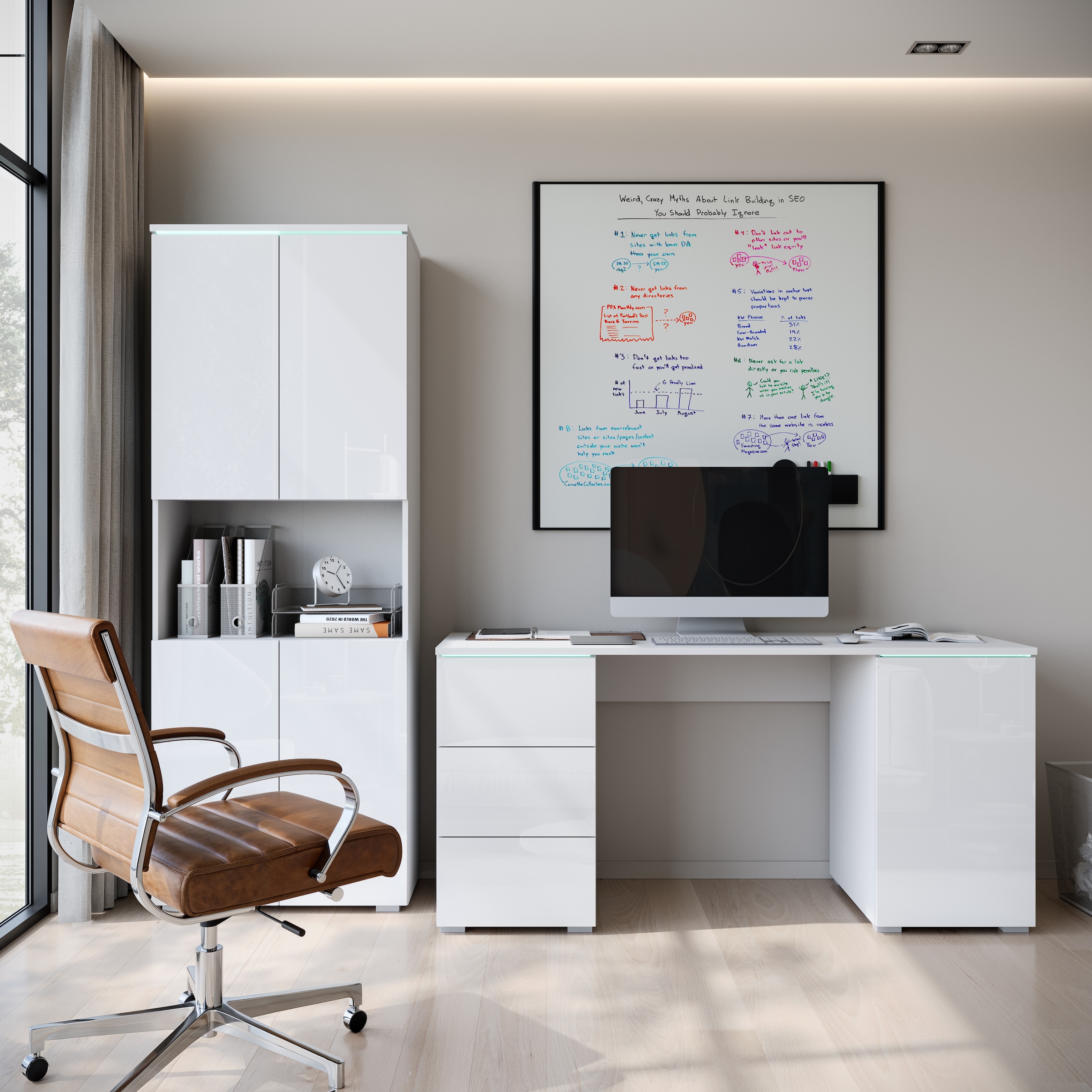 INOSIGN Schreibtisch »Vera«, (1 St.), Bürotisch mit LED, Push-to-Open, 3 Schubladen & Stauraum