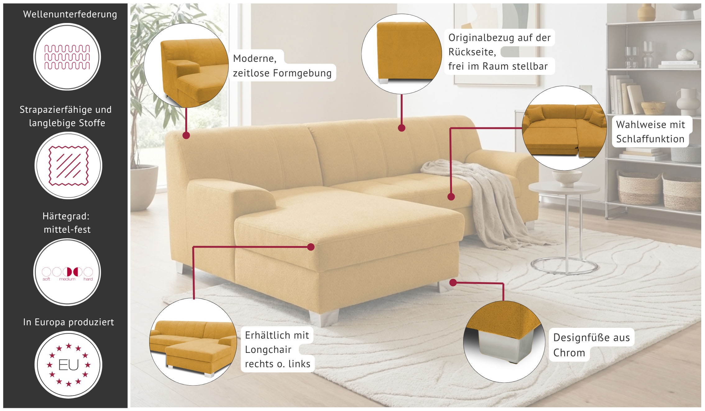 OTTO home Ecksofa »Lolland 241 x 146 cm, modern, mit Steppungen, gemütlich« L-Form, aus pflegeleichtem, weichem Luxus-Microfaser