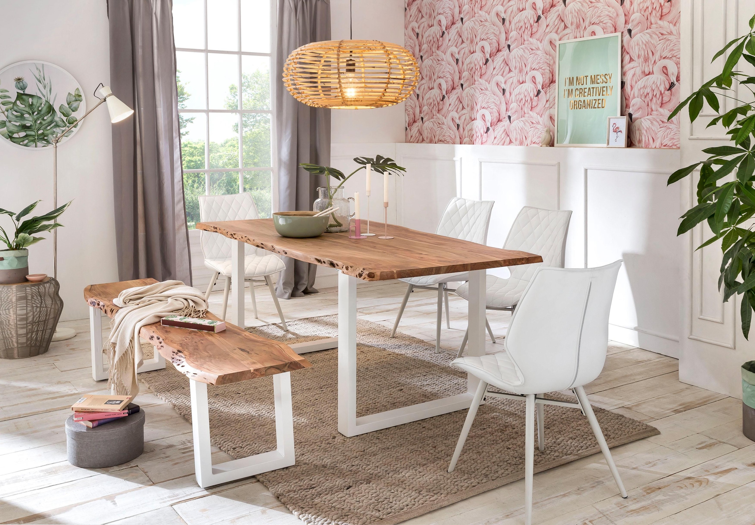 Home affaire Bank »Manhattan«, mit Baumkantenoptik und Gestell U-Form aus weißem Metall