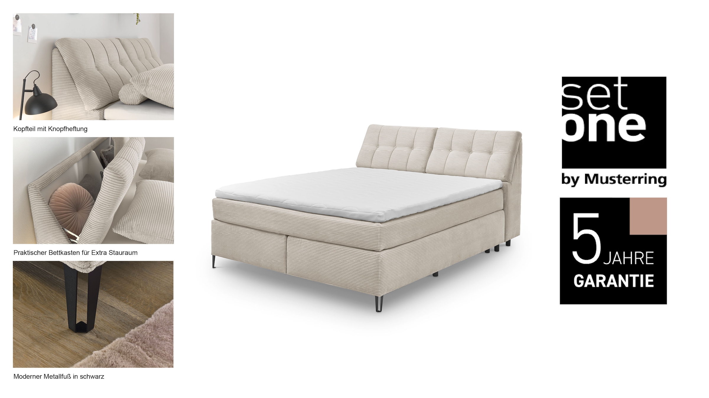 set one by Musterring Boxspringbett »Fairfield«, mit Bettkasten, Kopfteil in Kassettenoptik, Breite 120 oder 140 cm