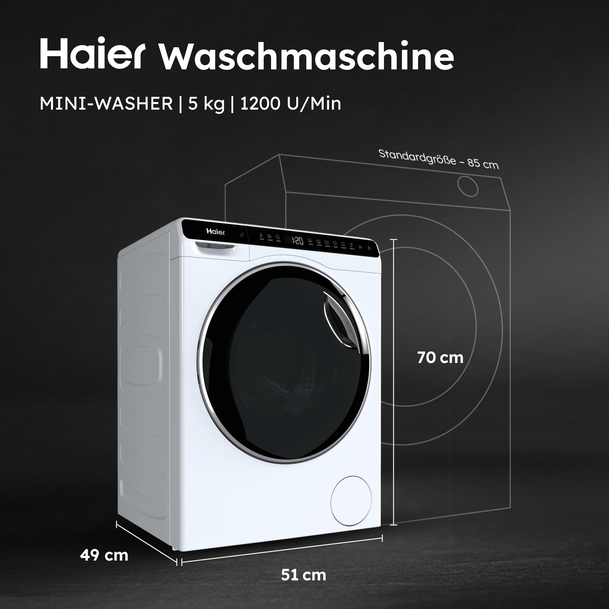 Haier Mini-Waschmaschine Mini-Washer »HW50-BP12307U1-S« 5 kg 1200 U/min besonders kompakte Maße (70 cm Höhe, 51 cm Breite)