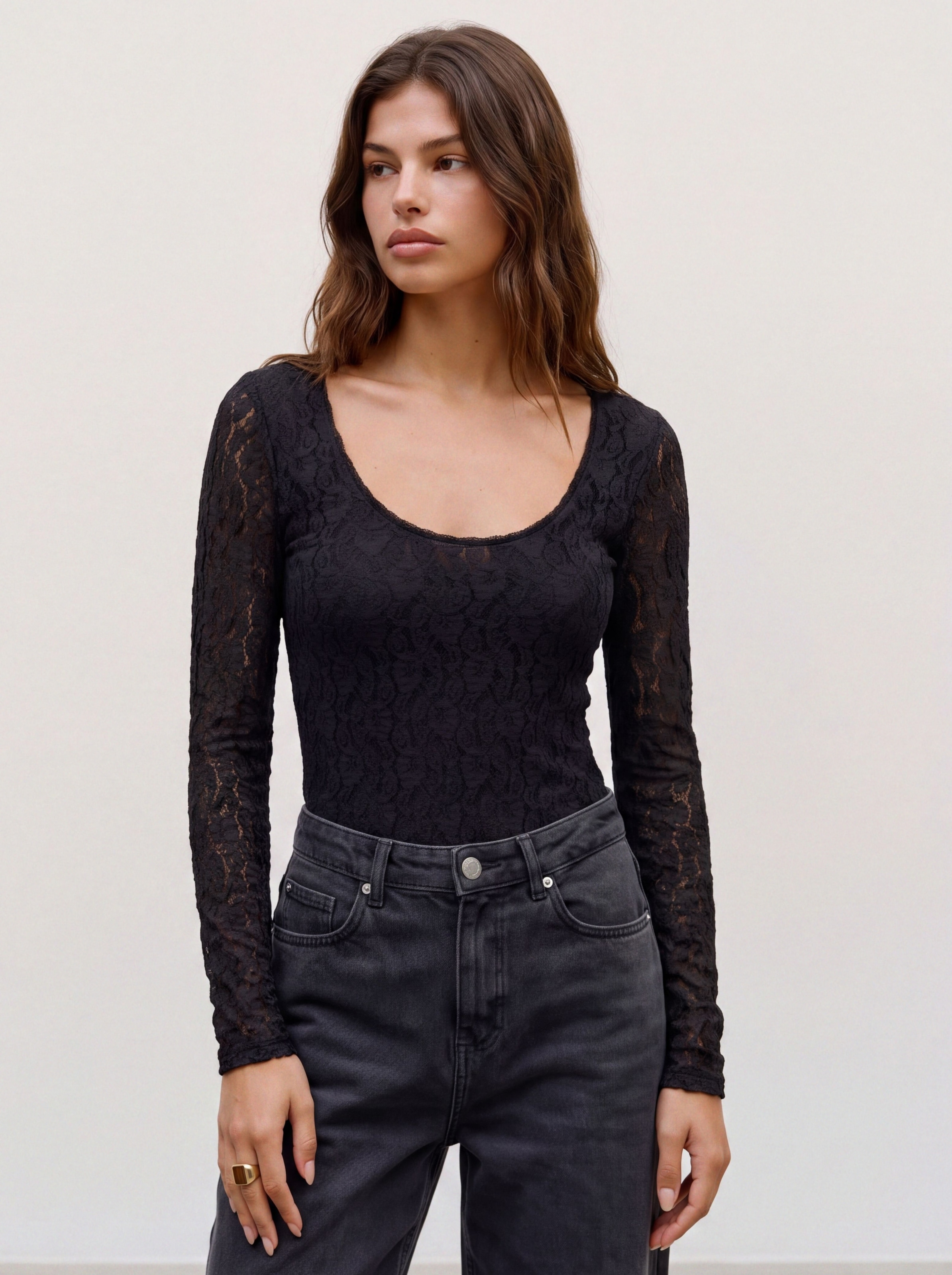 Vero Moda Langarmshirt »VMFLORA LS 2-WAY LACE TOP JRS NOOS« Materialmix, slim fit