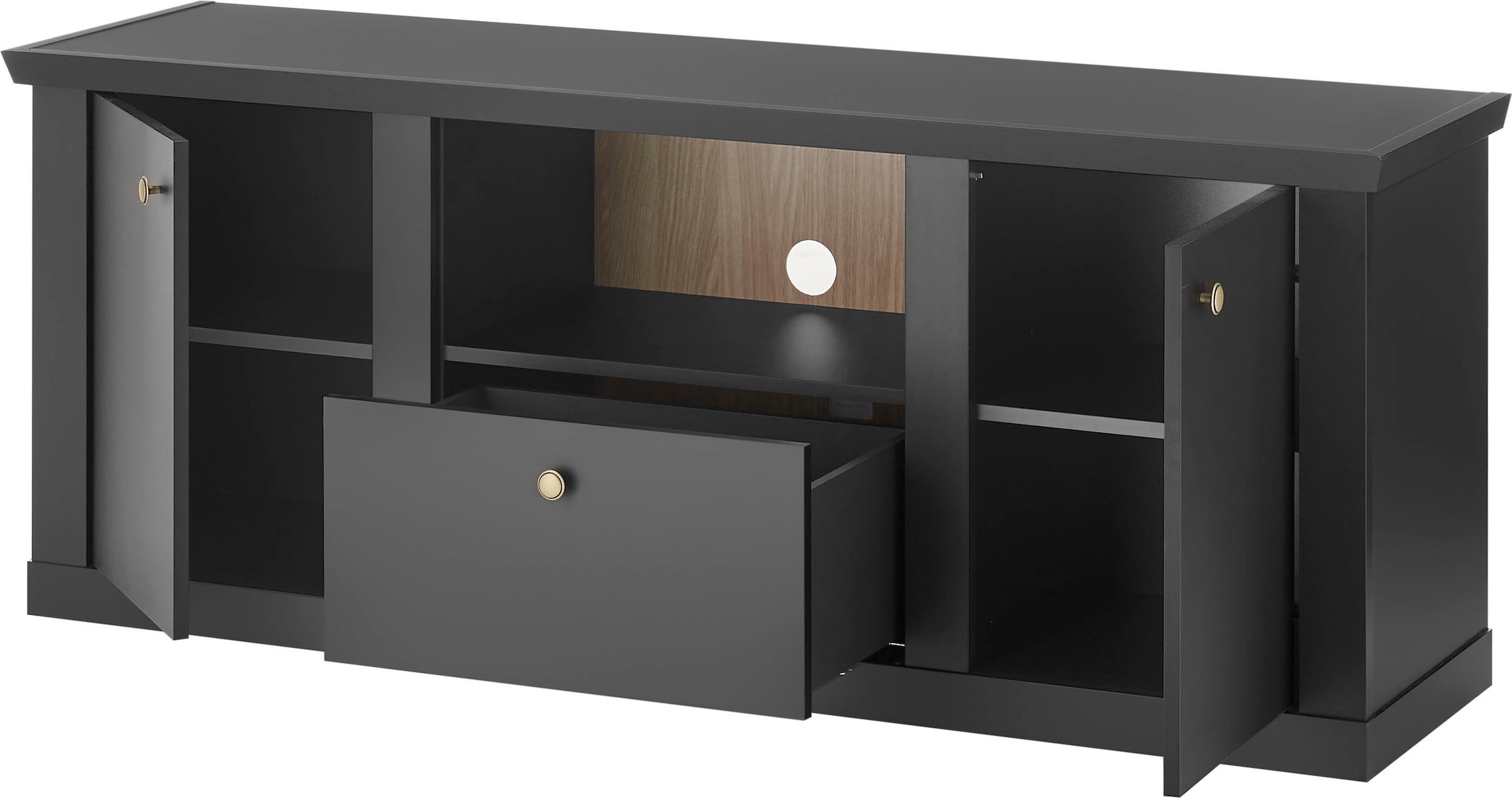 Home affaire Lowboard »Lincoln, moderner TV-Schrank, schwarze Kommode, TV-Unterschrank« edles Design, messingfarbene Knopfgriffe, in 2 Größen verfügbar