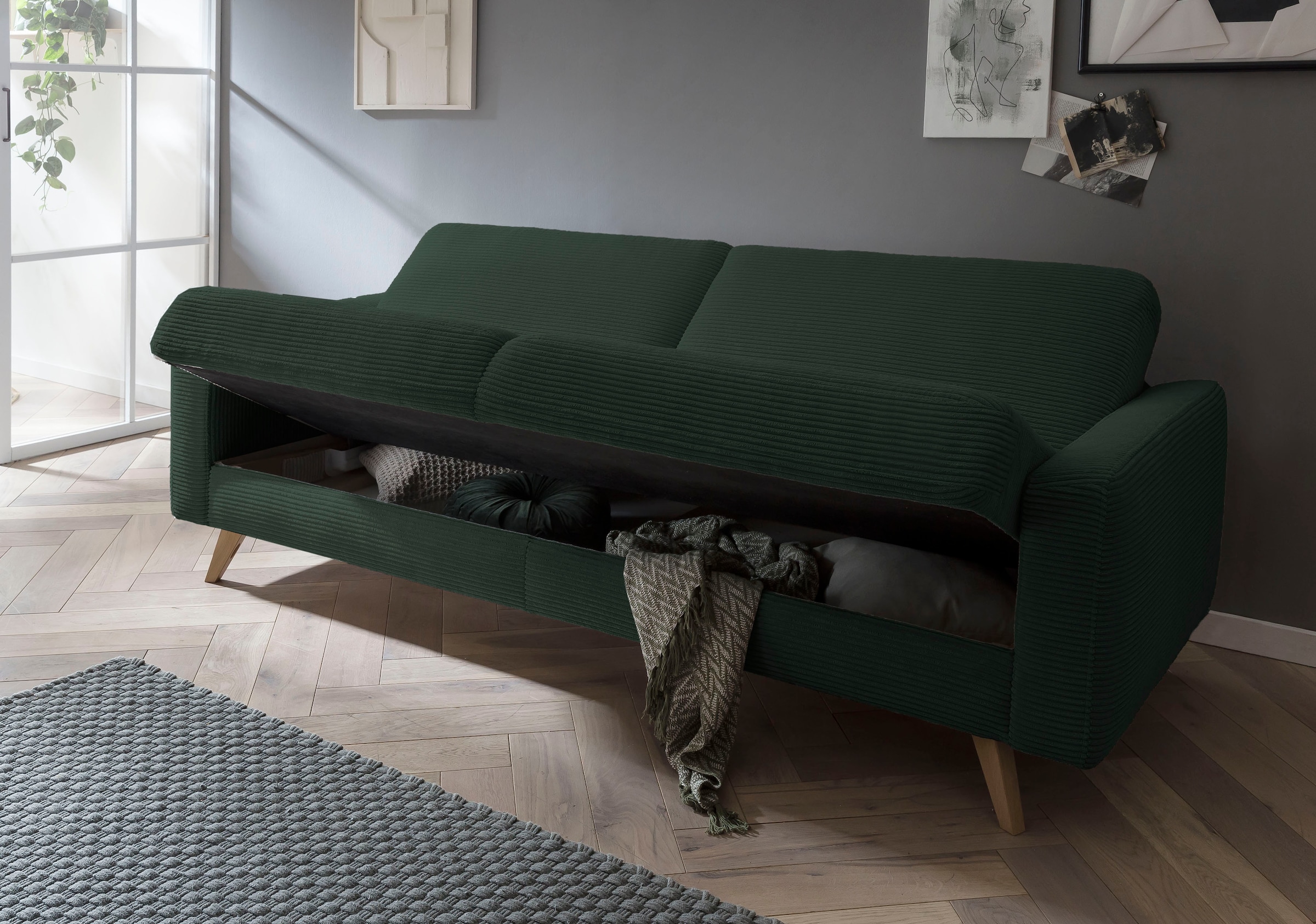exxpo - sofa fashion 3-Sitzer »Samso, elegant und bequem, aktueller Cord Bezug, Kippcouch«, hochwertige Verarbeitung, Schlafsofa inkl. Bettfunktion und Bettkasten