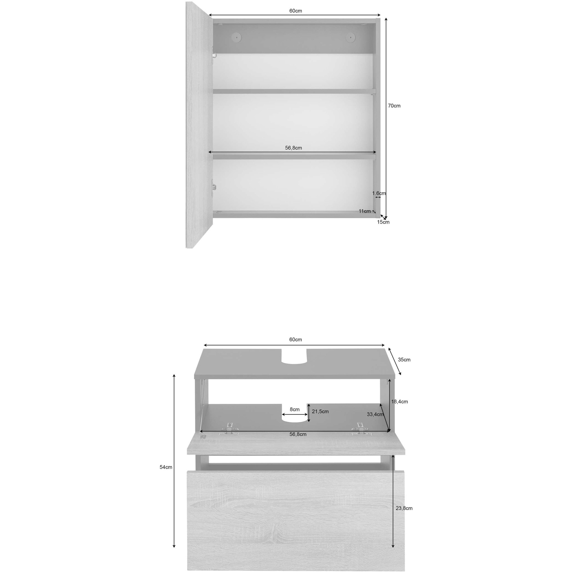 Home affaire Badmöbel-Set »Wisla«, (Set, 2 St.), Spiegelschrank, WBU mit Siphonausschnitt u. Push-to-open, Breite 60 cm