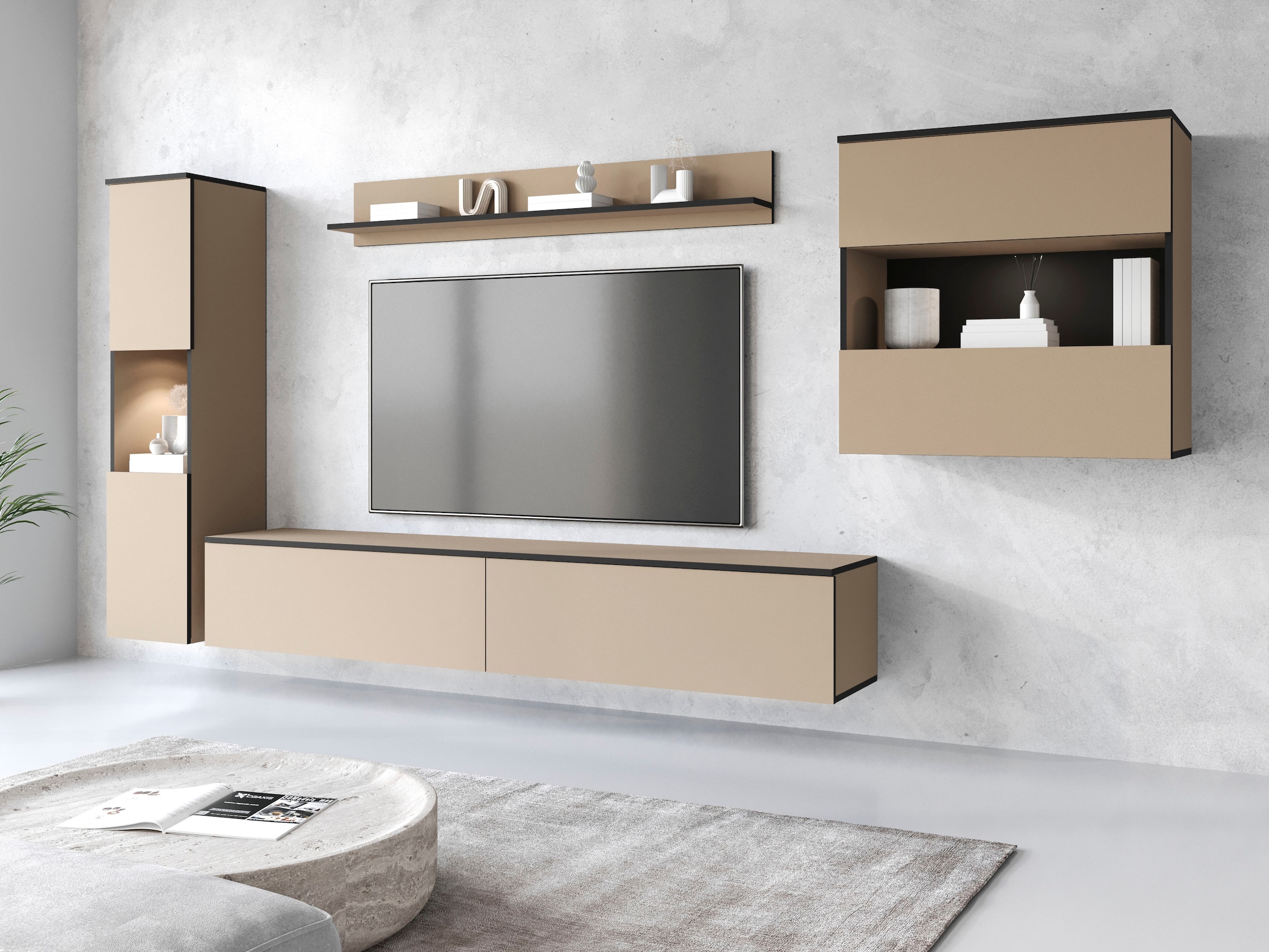 INOSIGN Wohnwand »PARIS, Vitrine Türanschlag links/rechts wechselbar«, (Komplett-Set, 4 St.), grifflose Design, stehend und hängend montierbar