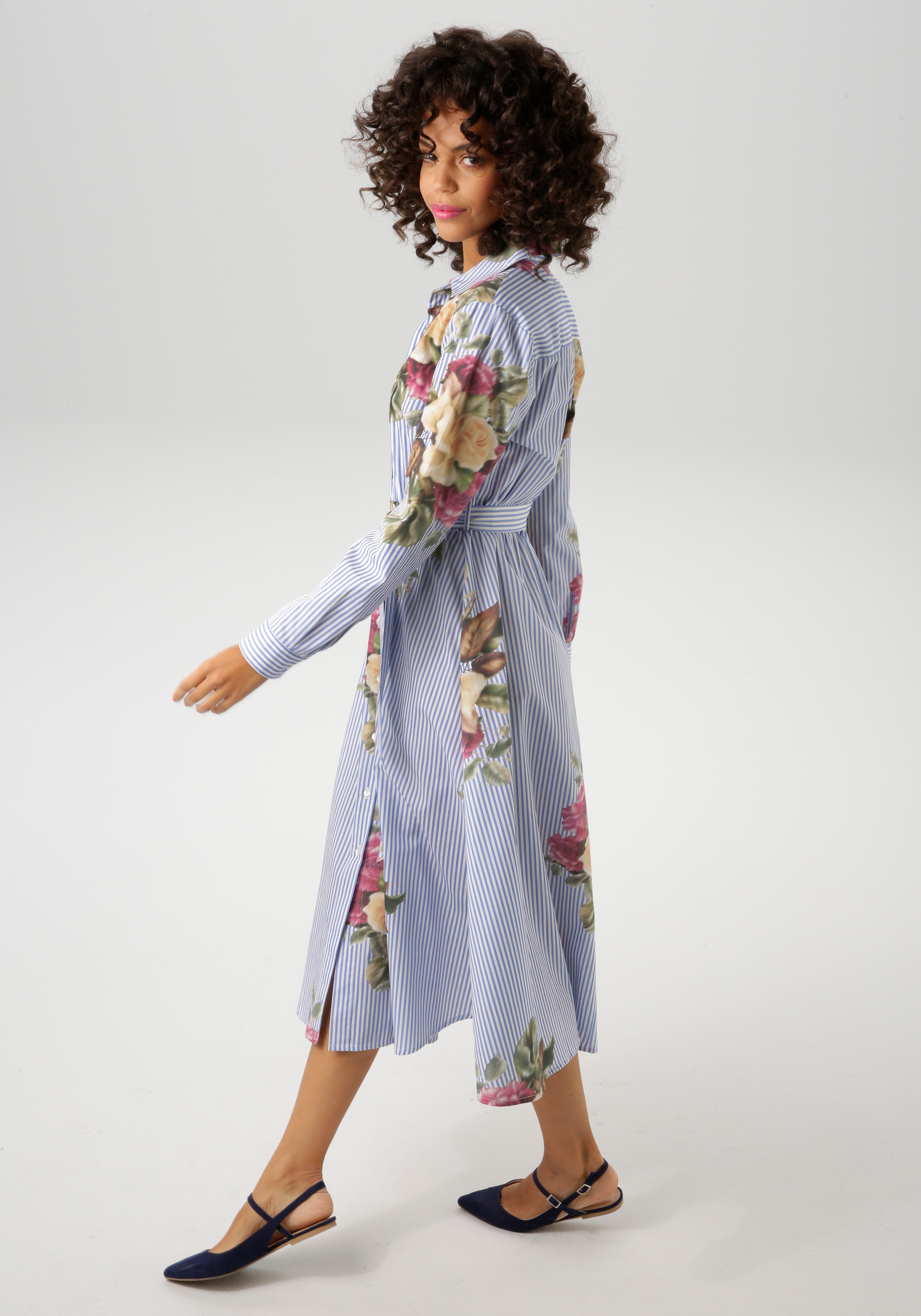 Aniston CASUAL Blusenkleid, mit Rosen auf gestreiftem Untergrund