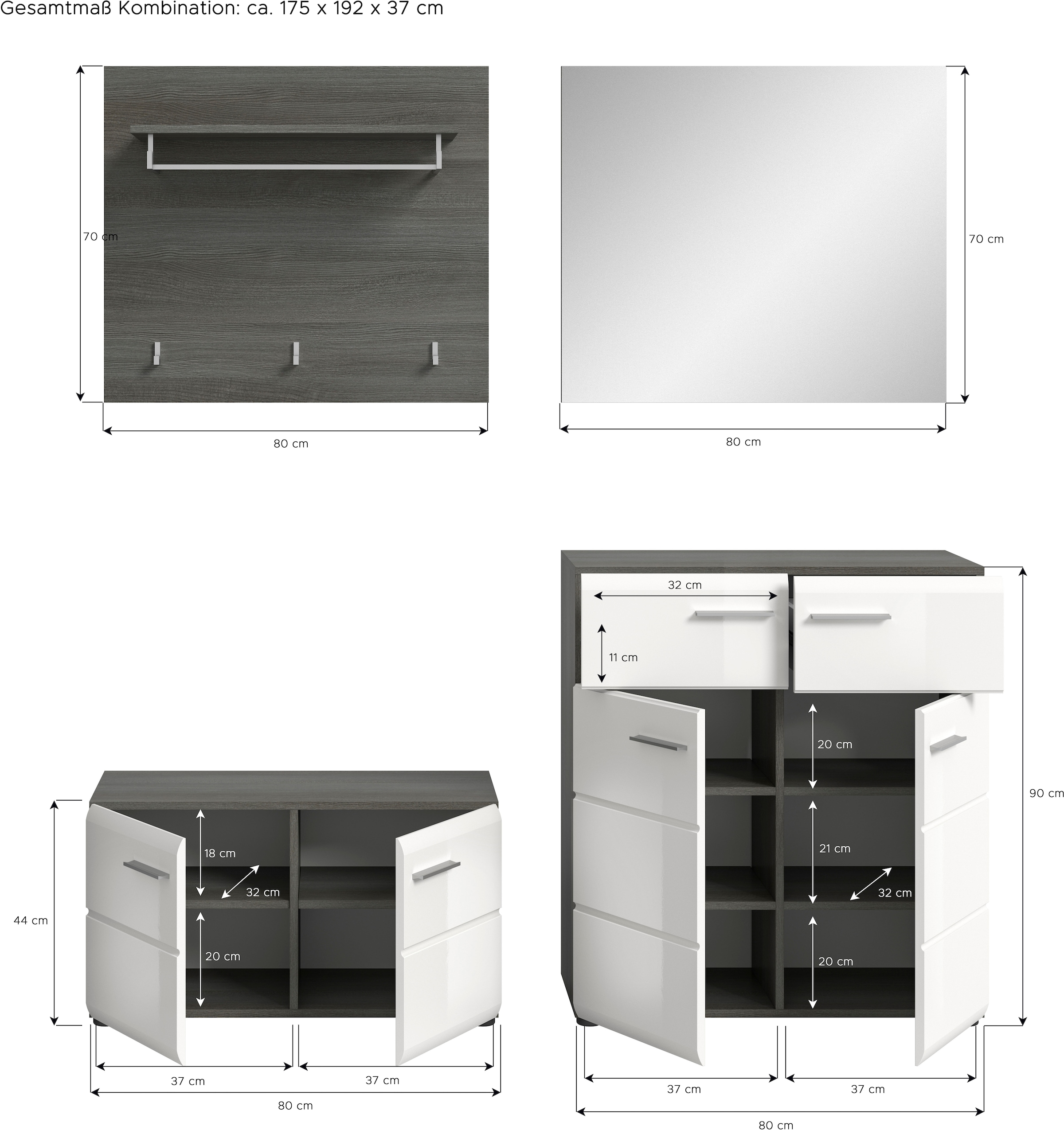 INOSIGN Garderoben-Set »Rumba, 4-teilig, Breite 175 cm, Hochglanz Front, bestehend aus:«, (4 St.), Sitzbank, Garderobenpaneel, Schuhschrank, Spiegel