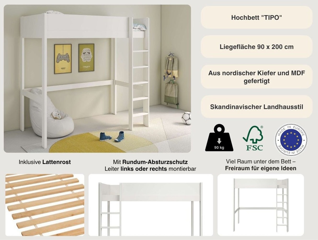 OTTO home Hochbett »TIPO, Topseller, Kinderbett, Leiter links oder rechts montierbar« B/H/T 200x190x90cm,  FSC® zertifiziertes Massivholz, Rundum-Absturzschutz,