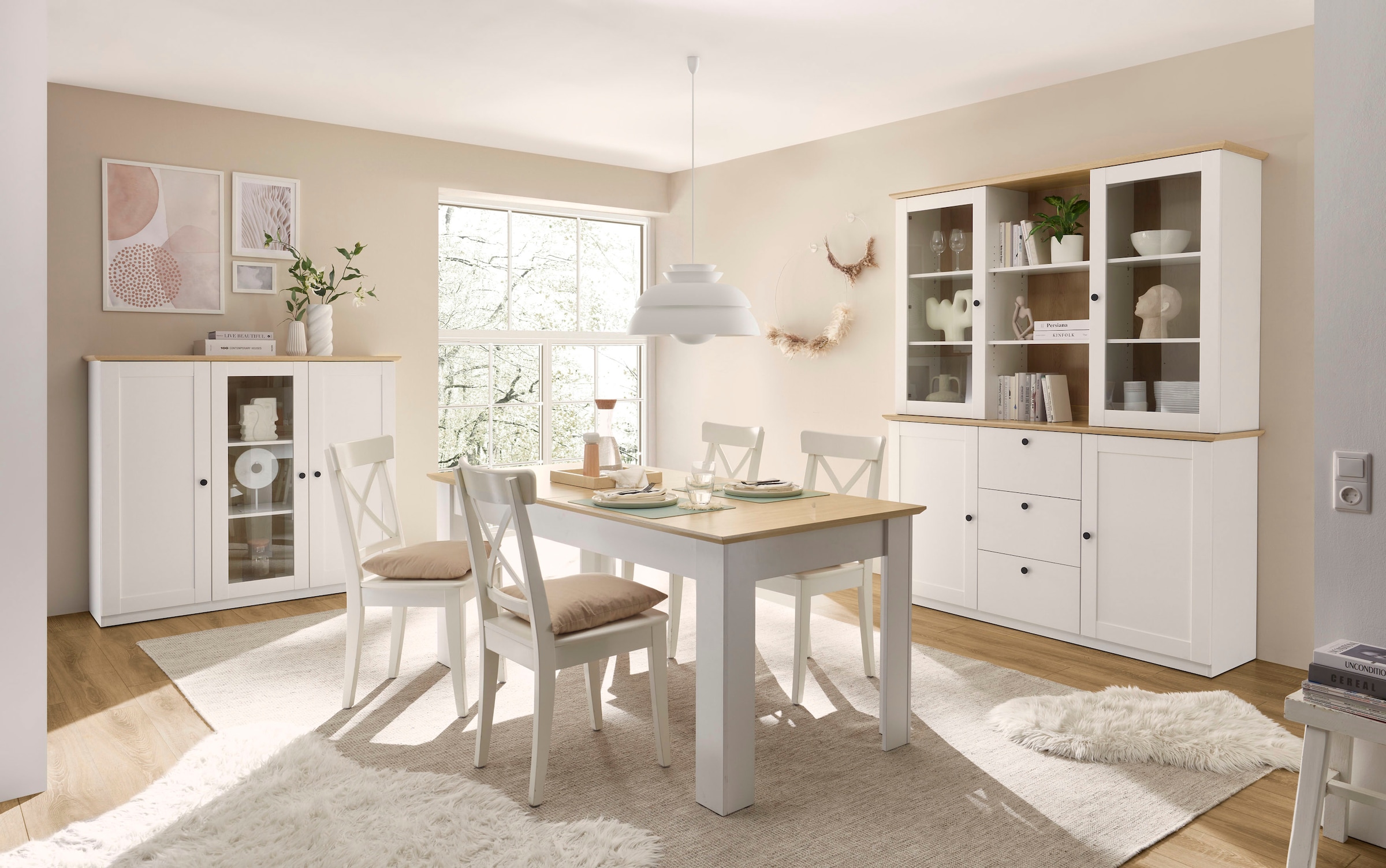 OTTO home Buffet »Brest, Hochschrank im Landhausstil, Schrank, Küchenschrank« schwarze Metallgriffe, viel Stauraum, Glastüren, 164 cm breit