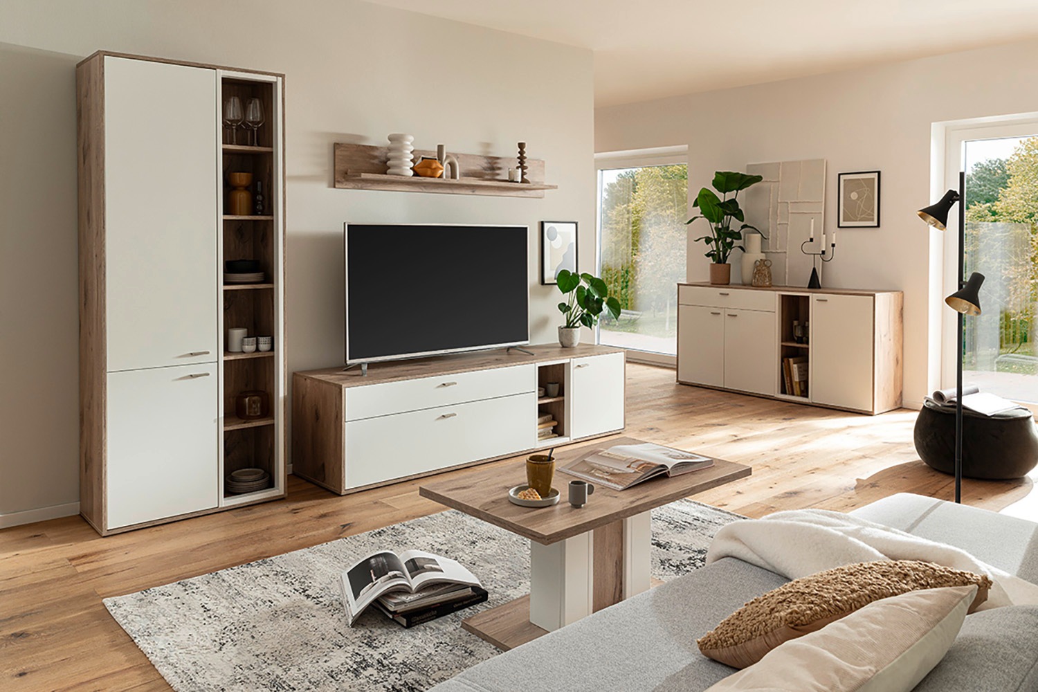 MCA furniture Couchtisch »SANTERNO Couchtisch mit Säule«, (1 St.), Tisch, Soft White/Viking Oak, mit Säule, belastbar 50kg, Breite 95 cm