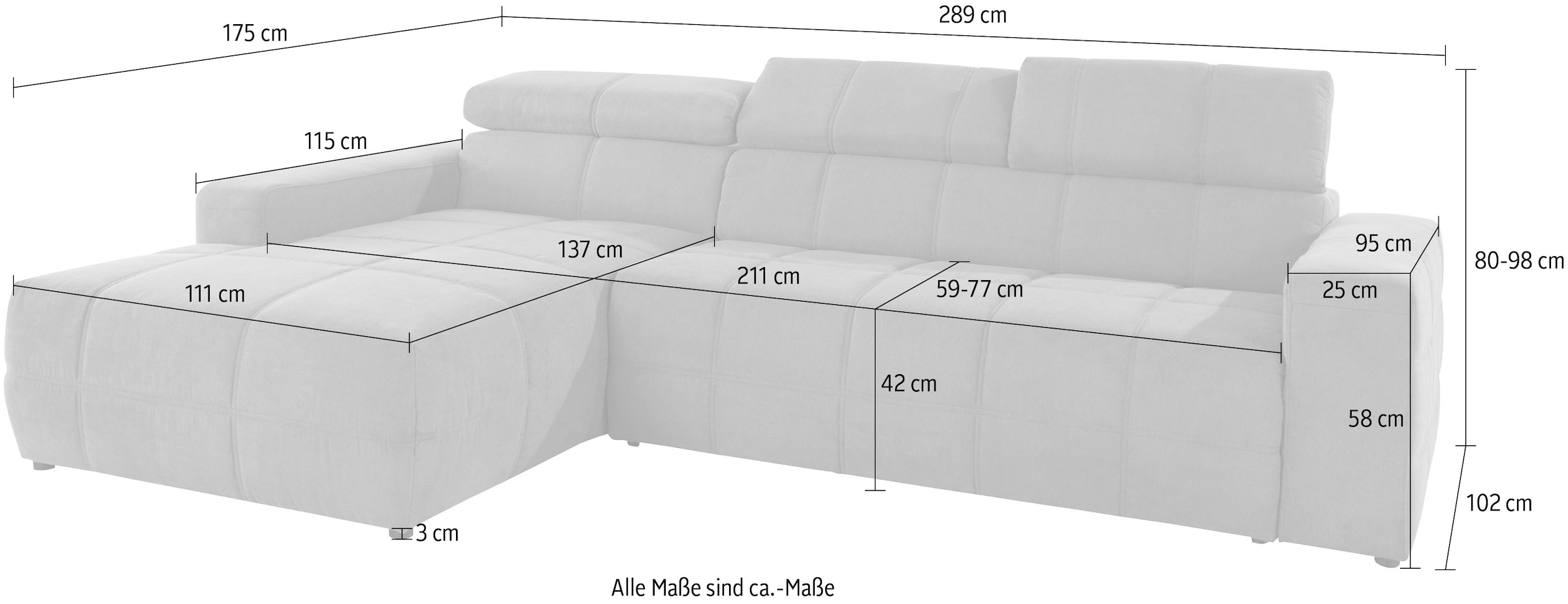 DOMO collection Ecksofa »Brandon große Ausführung B/T/H: 289/177/80 cm, auch in Leder und Cord«, mit Kopfteilverstellung, wahlweise Sitztiefenverstellung, L-Form