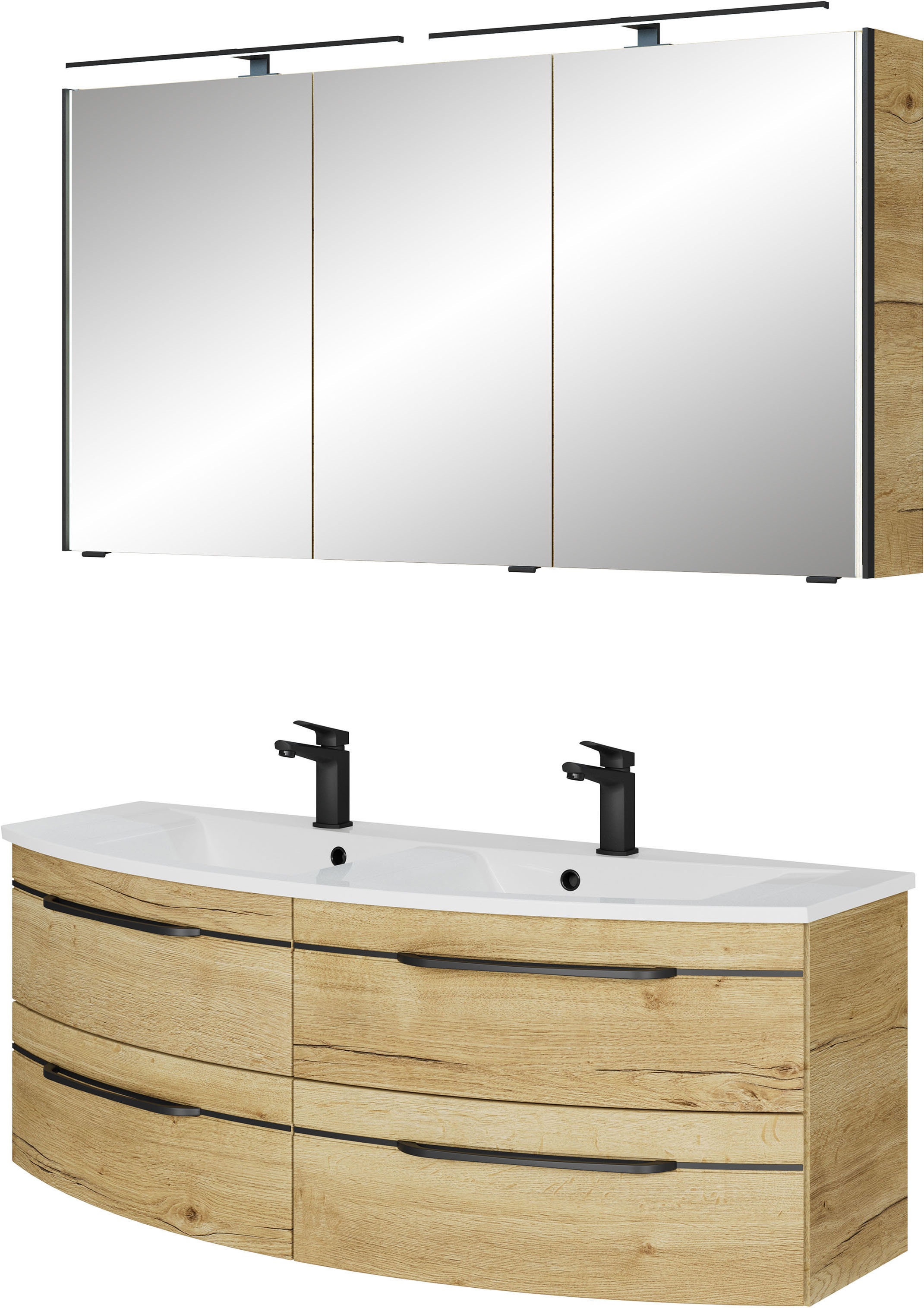 Saphir Badmöbel-Set »Badezimmer-Set 133,2 cm breit, inkl. Türdämpfer, 3 Türen, 4 Schubladen«, (Set, 2 St.), Serie 7045 2-teilig Mineralmarmor-Doppelwaschtisch, LED-Spiegelschrank
