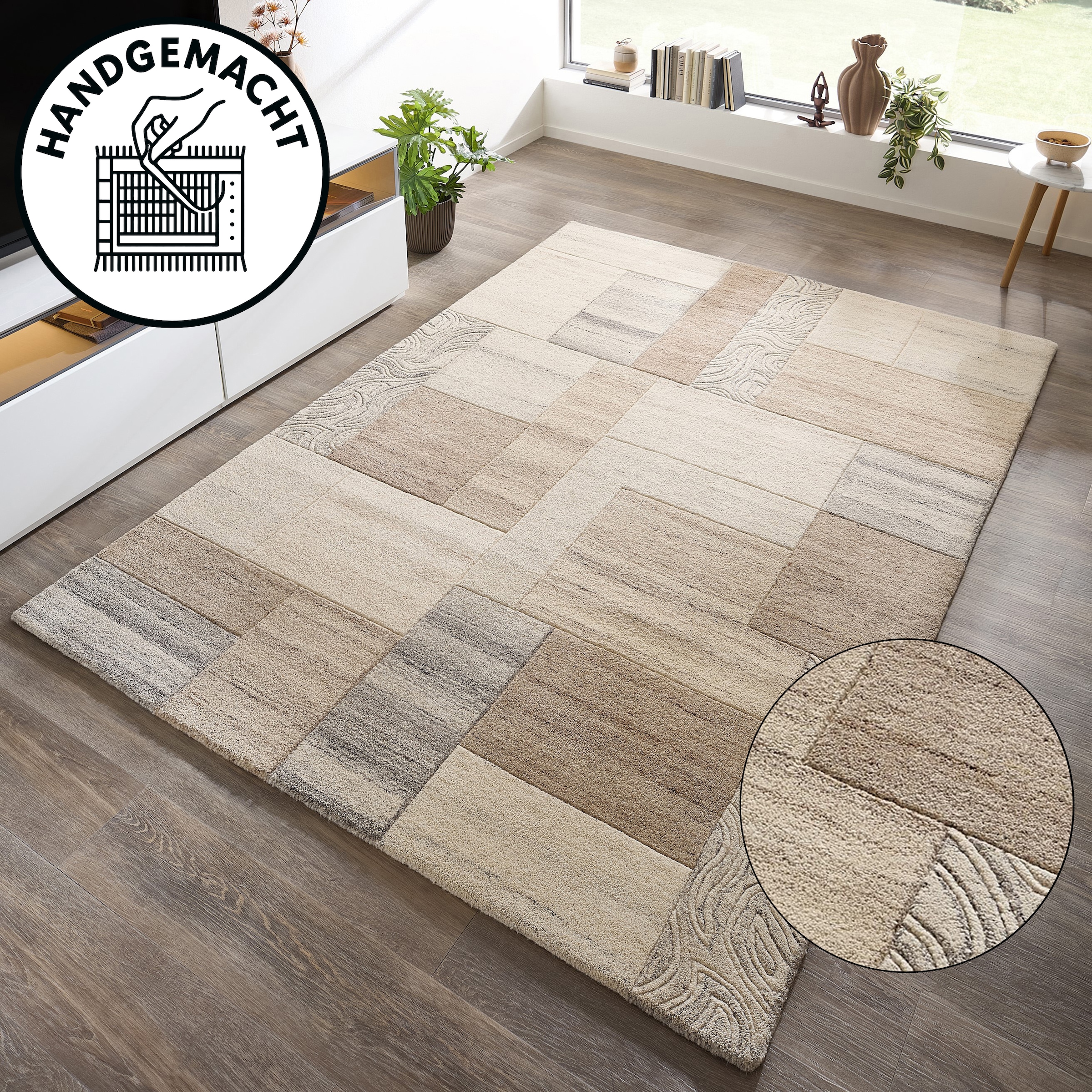 THEKO Wollteppich »Lola, Wolle, handgearbeitet, Patchwork Design, handgetuftet« rechteckig 12 mm Höhe Wohnzimmer, Schlafzimmer, Esszimmer, auch als Läufer und rund