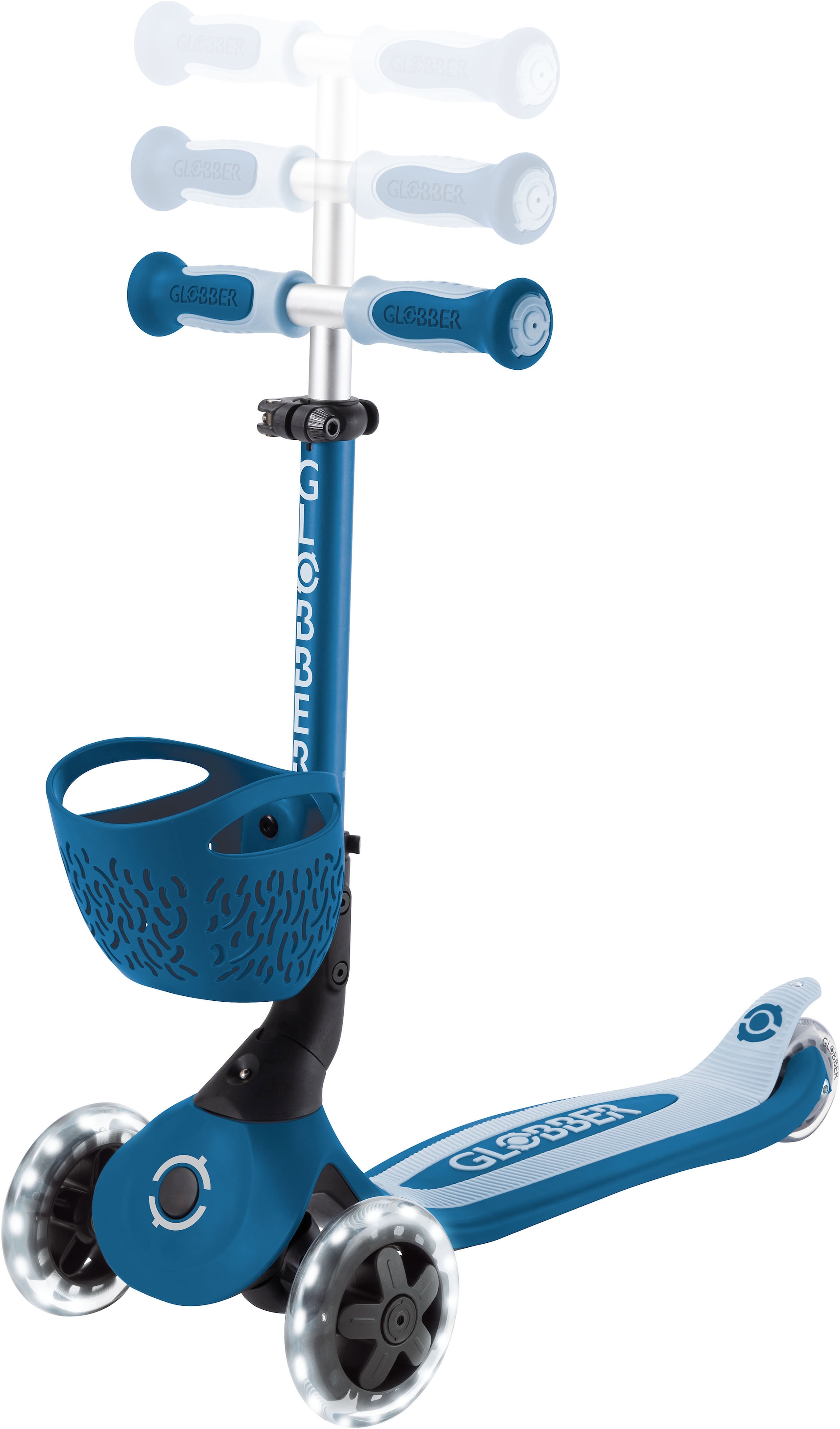 Globber »GO-UP BABY 360 LIGHTS, mit Leuchtrollen und Leuchtmodul« Aufsitzrad, Laufrad und Scooter in Einem