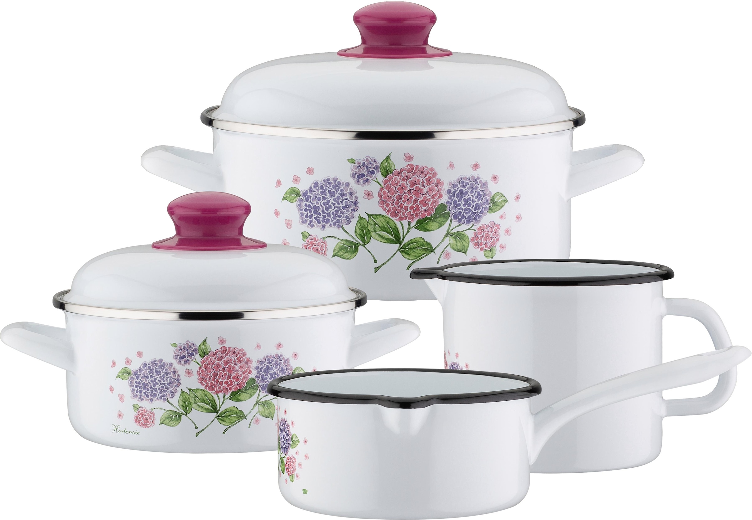 GSW Topf-Set »Hortensie«, Stahl-Emaille, (Set, 6 tlg., je 1x Kochtopf Ø 16/20 cm, Stielkasserolle Ø 16 cm, Milchtopf Ø 12 cm), Induktion