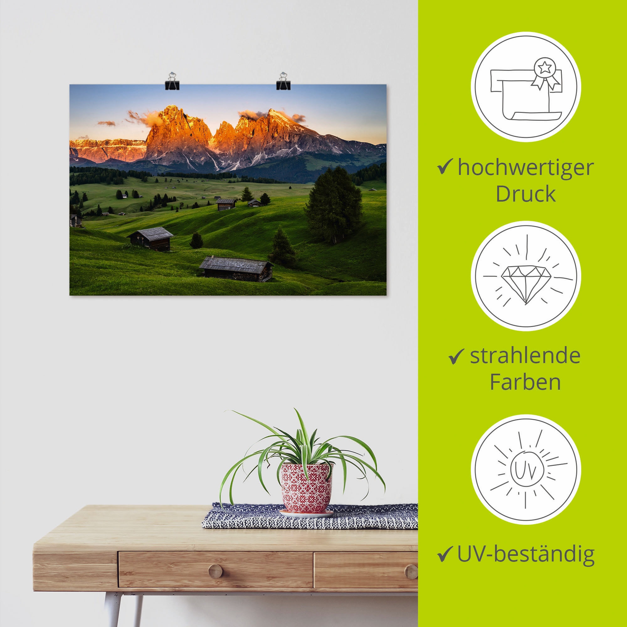 Artland Wandbild »Sonnenuntergang Seiser Alm in Südtirol«, Berge & Alpenbilder, (1 St.), als Alubild, Leinwandbild, Wandaufkleber oder Poster in versch. Größen