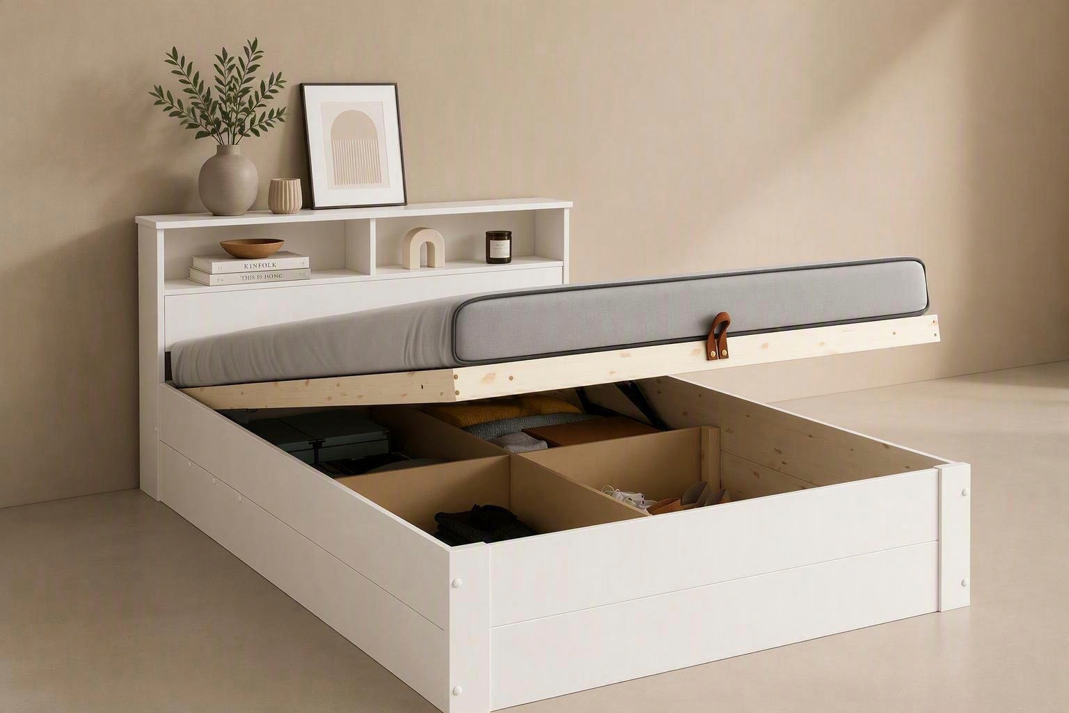 OTTO home Stauraumbett »MAREILLES, Hebemechanismus & XXL-Stauraum, Bettkasten« 140x200cm und 180x200cm,  aus FSC®-Massivholz – mit Ablagefächern im Kopfteil