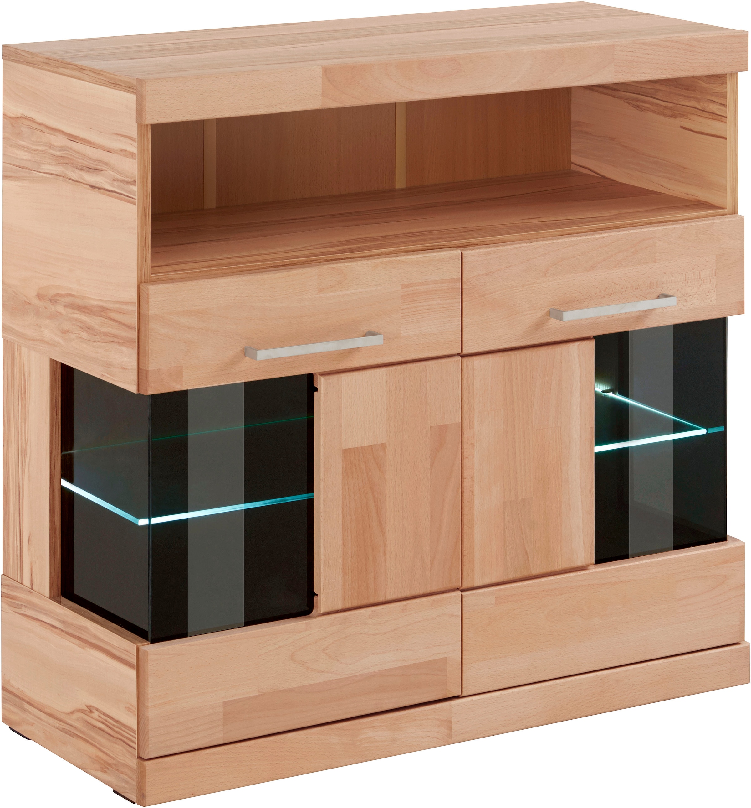 Home affaire Kommode »Ribe 85cm breit,35 cm tief, Fronten Massivholz,2 Türen mit Glaseinsatz«, Holz massiv, Holzwerkstoff,3 breite Fächer