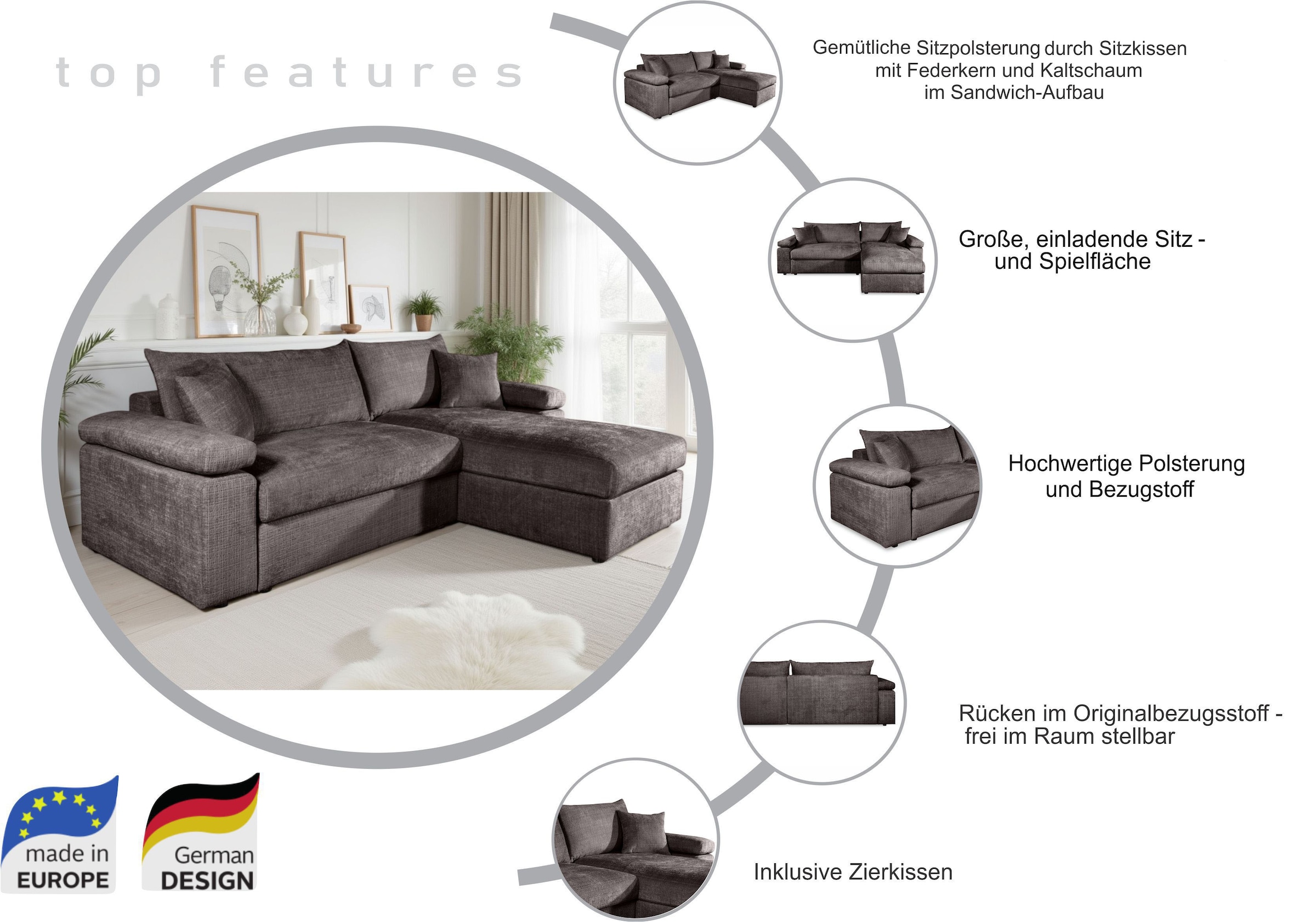COLLECTION AB Ecksofa »Cosy L-Form, Breite 234 cm« Sitzaufbau im Sanwich-Federkern mit Kaltschaumauflage