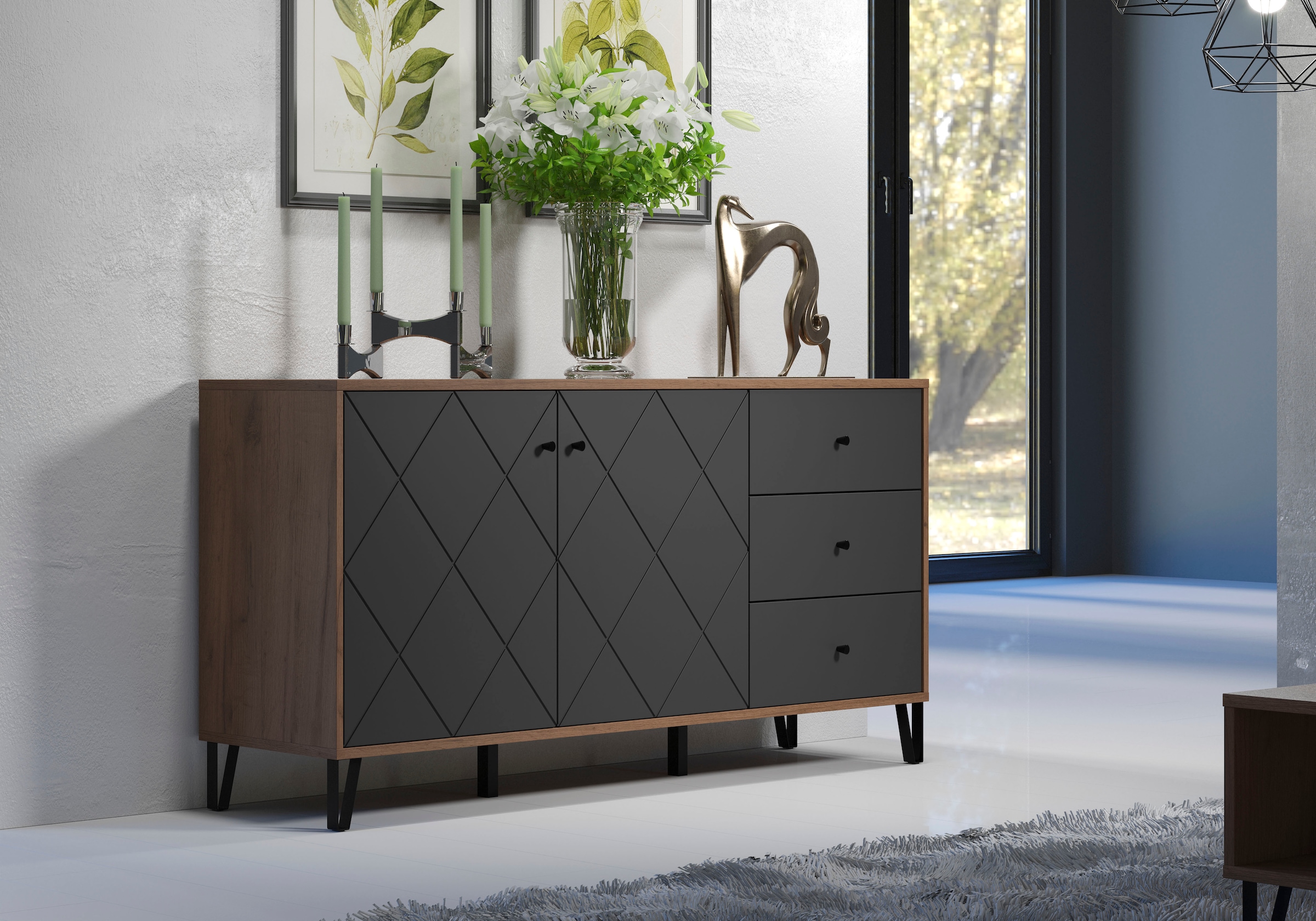 Home affaire Sideboard »Molveno« 1 Stk. tlg. Sideboard, 2 Türen, 3 Schubkasten & Soft-Close - (B/T/H) 183/40/76 cm