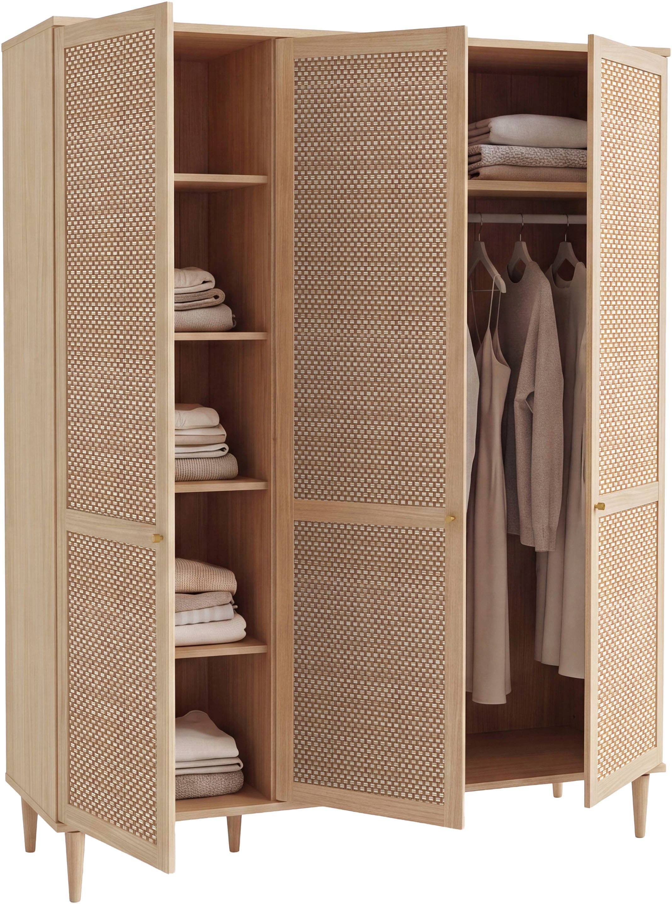 OTTO home Kleiderschrank »ELLIAN mit natürlicher Geflechtoptik und warmem Holzdekor« Holzfüße, Metallgriffe, Made in EU, viel Stauraum, FSC® zertifiziert
